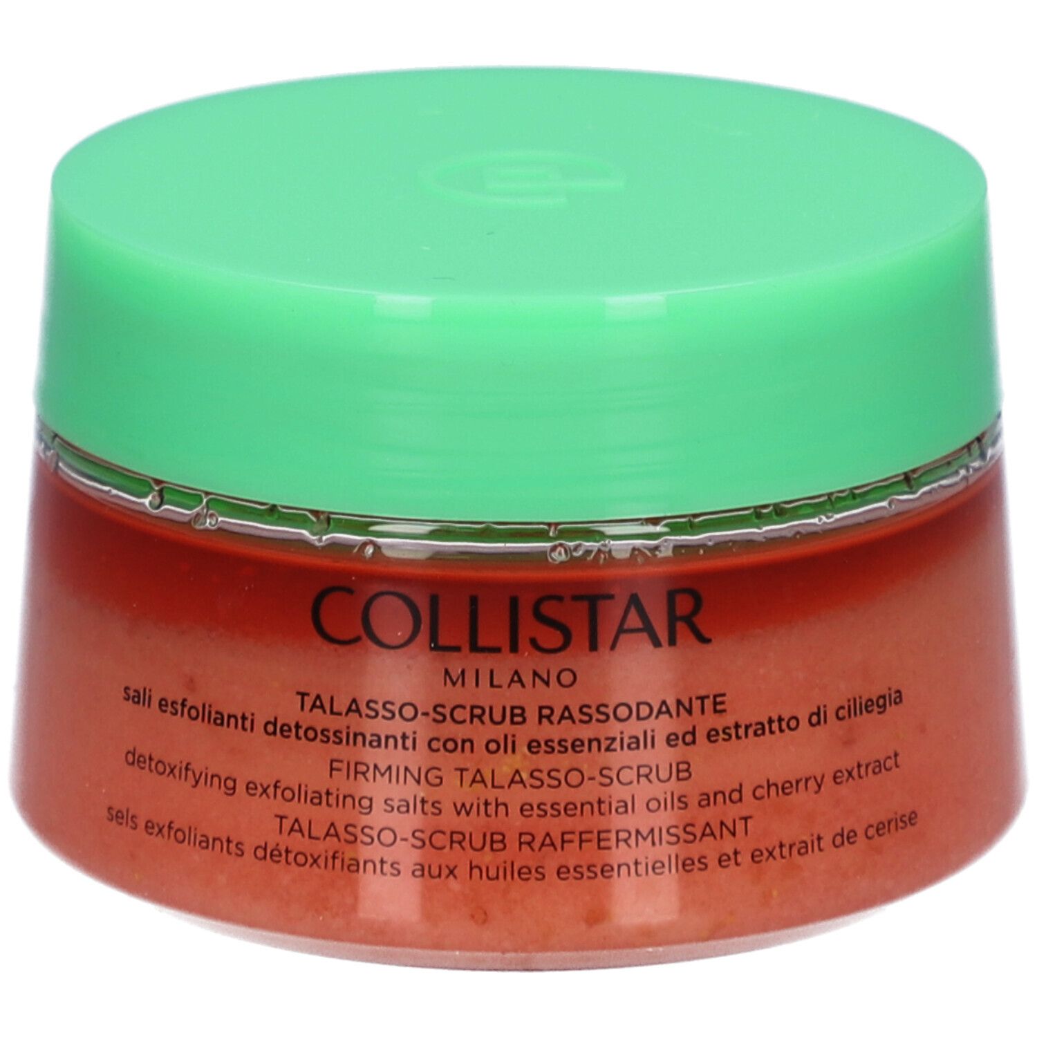Ronde pot met groen deksel. Opschrift: COLLISTAR, TALASSO-SCRUB RASSODANTE. Inhoud: scrubzout.