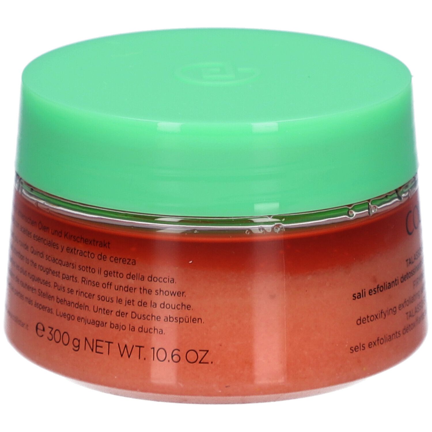 Ronde pot met groen deksel. Opschrift: COLLISTAR, TALASSO-SCRUB RASSODANTE. Inhoud: scrubzout. Opschrift: 300 g NET WT. 10.6 OZ.