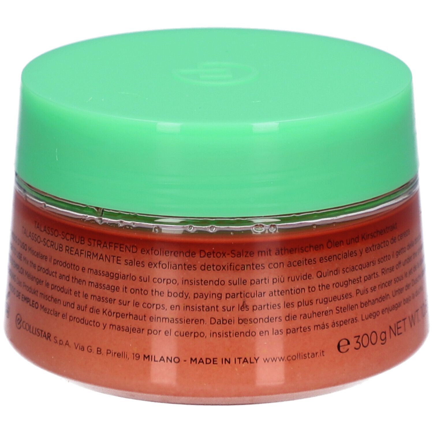 Ronde pot met groen deksel. Opschrift: COLLISTAR, TALASSO-SCRUB RASSODANTE. Inhoud: scrubzout. Opschrift: 300 g NET WT. 10.6 OZ.