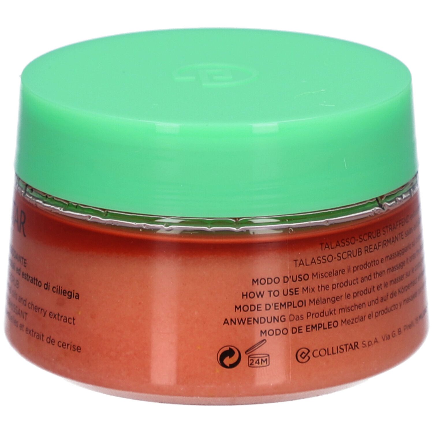 Ronde pot met groen deksel. Opschrift: COLLISTAR, TALASSO-SCRUB RASSODANTE. Inhoud: scrubzout. Gebruiksaanwijzing.
