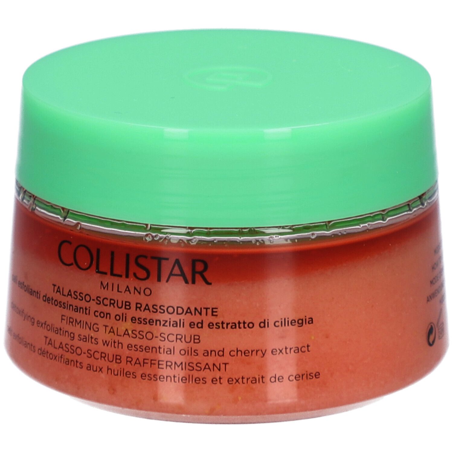 Ronde pot met groen deksel. Opschrift: COLLISTAR, TALASSO-SCRUB RASSODANTE. Inhoud: scrubzout.