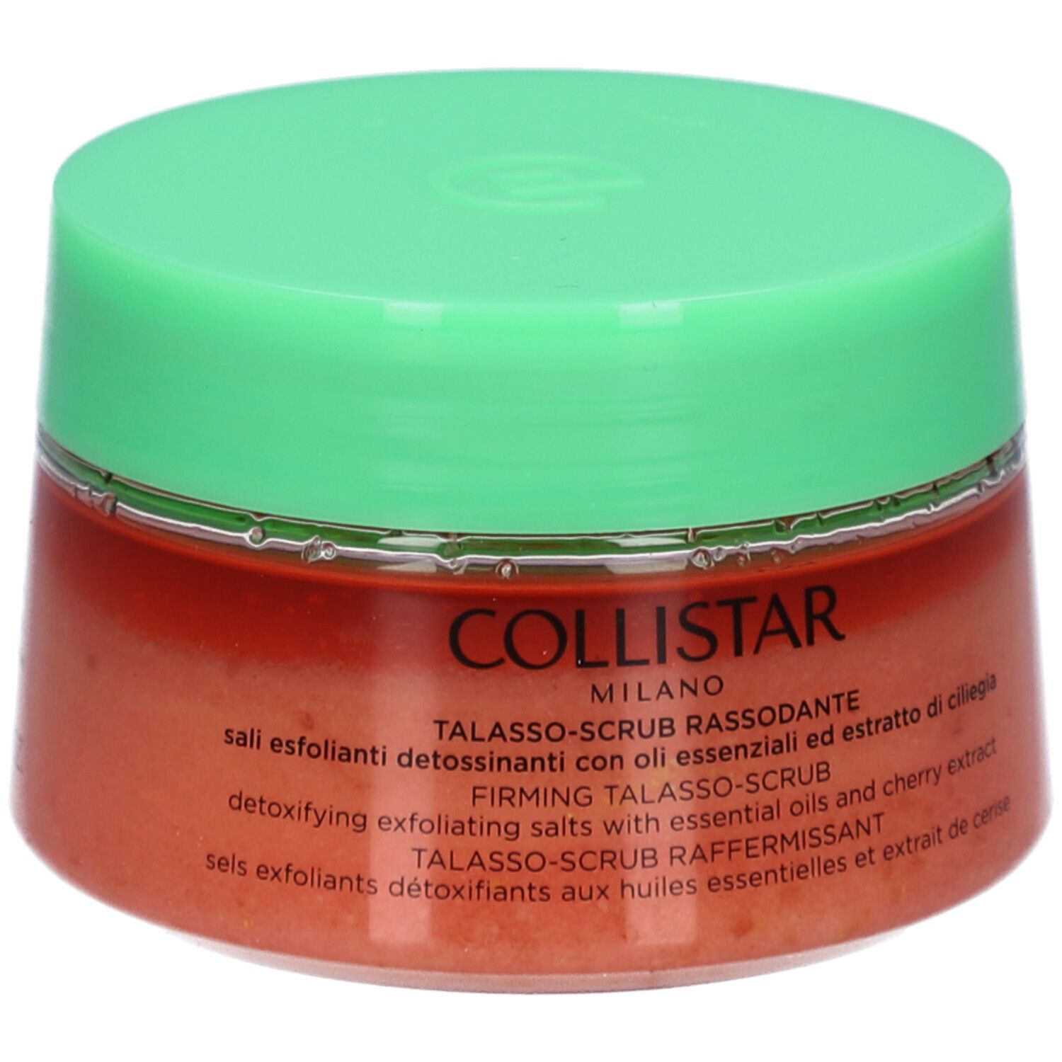 Ronde pot met groen deksel. Opschrift: COLLISTAR, TALASSO-SCRUB RASSODANTE. Inhoud: scrubzout.