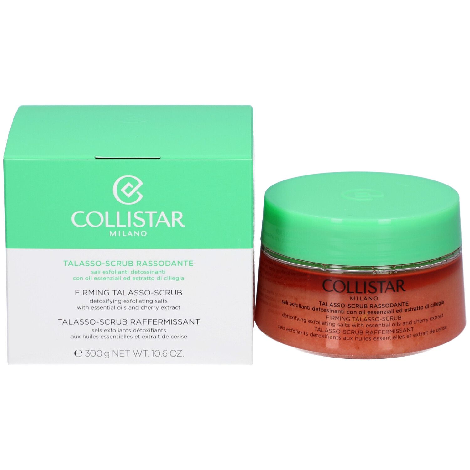 Productverpakking en pot met groen deksel. Opschrift: COLLISTAR, TALASSO-SCRUB RASSODANTE. Inhoud: scrubzout.