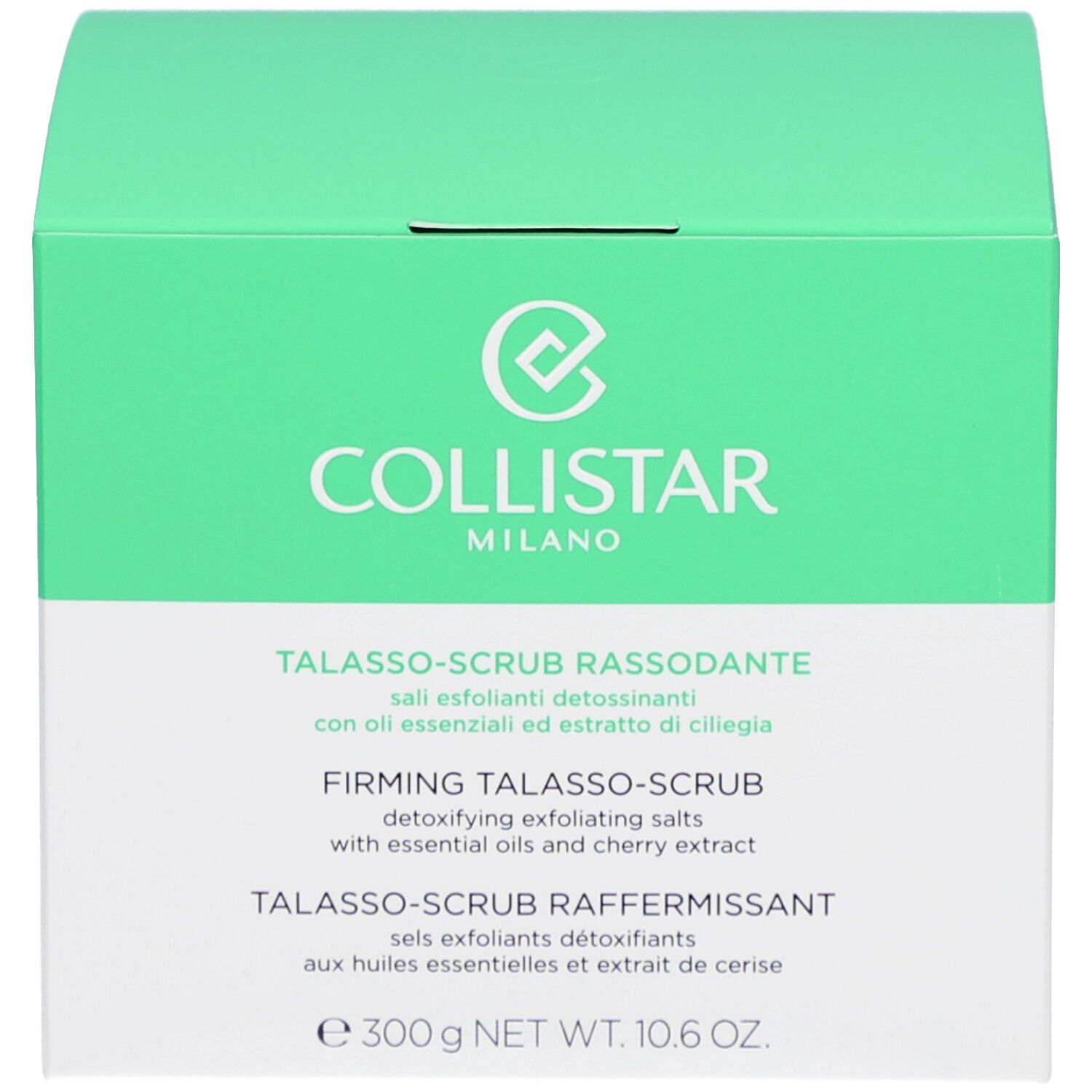 Productverpakking. Opschrift: COLLISTAR, TALASSO-SCRUB RASSODANTE. Inhoud: scrubzout. Opschrift: 300 g NET WT. 10.6 OZ.