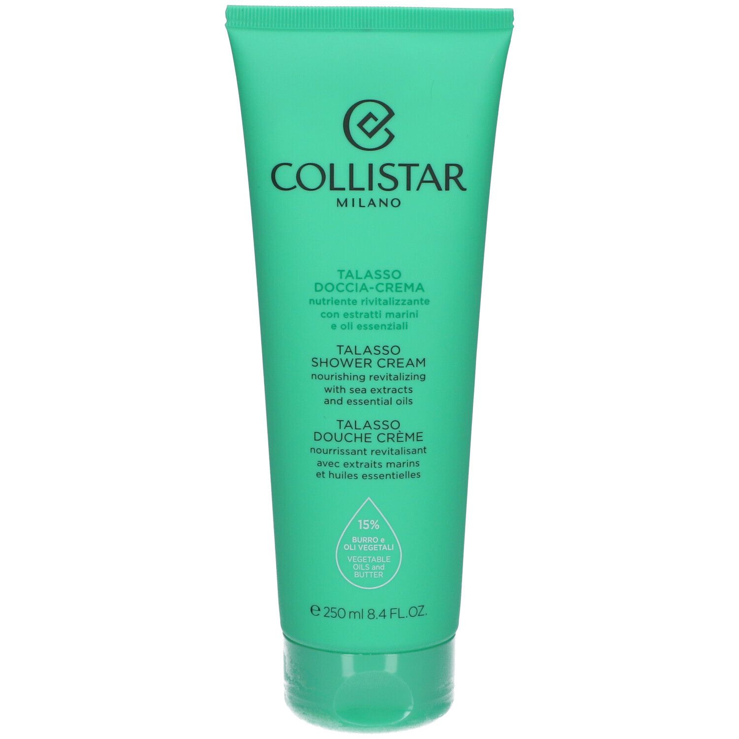 Groene tube met Collistar-logo en productnaam. Tekst in het Italiaans, Engels en Frans. 15% plantaardige ingrediënten.