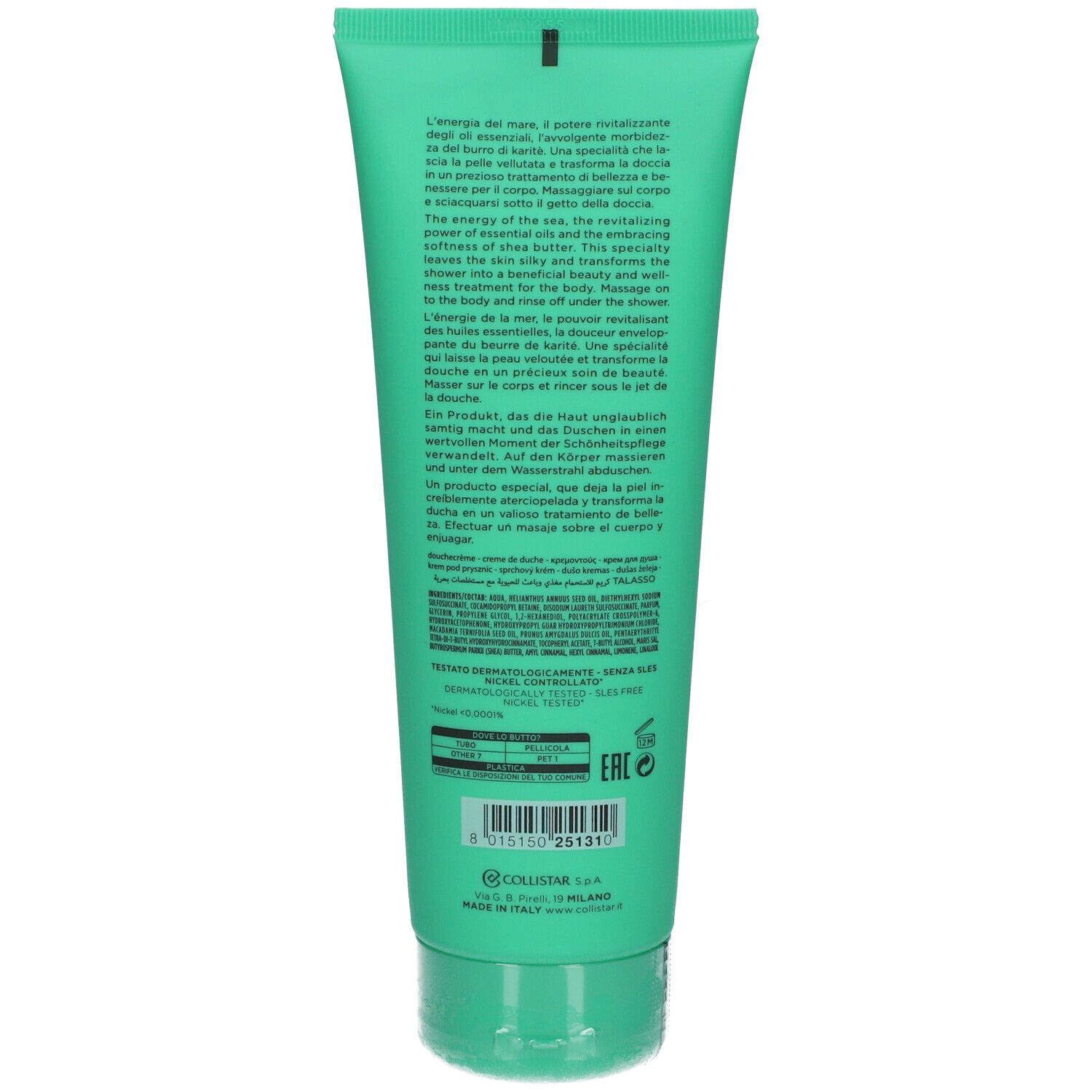 Achterkant van de groene tube. Tekst in meerdere talen, waaronder Italiaans, Engels, Frans en Duits. Barcode en fabrikantinfo.