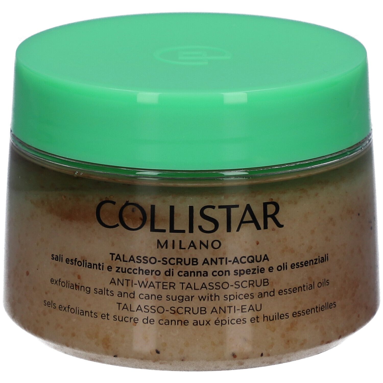 Pot met groene deksel. Opschrift: Collistar Milano, Anti-Water Talasso-Scrub. Tekst in meerdere talen.