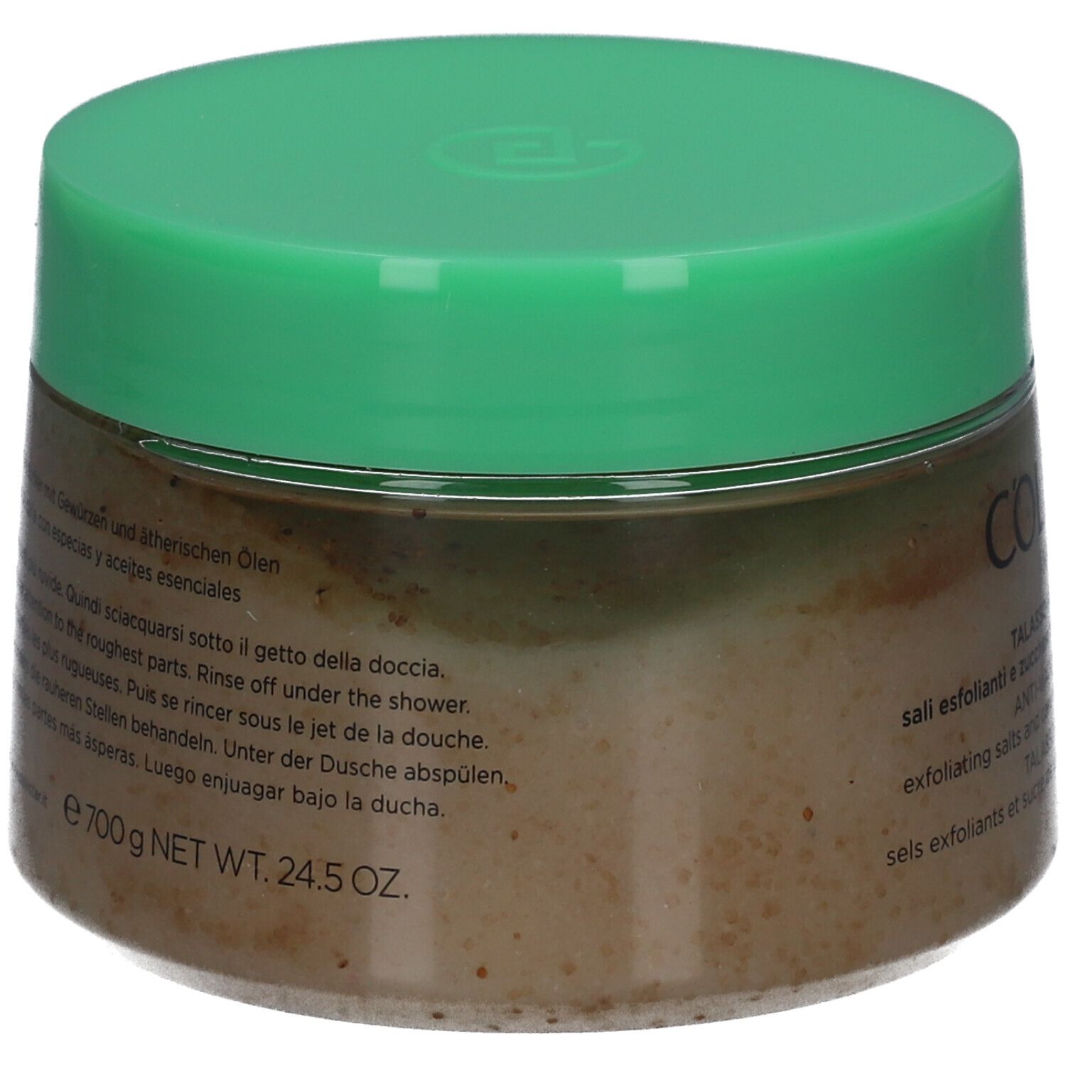 Pot met groene deksel. Meertalige tekst, waaronder instructies. Gewicht: 700 g NET WT. 24,5 OZ.