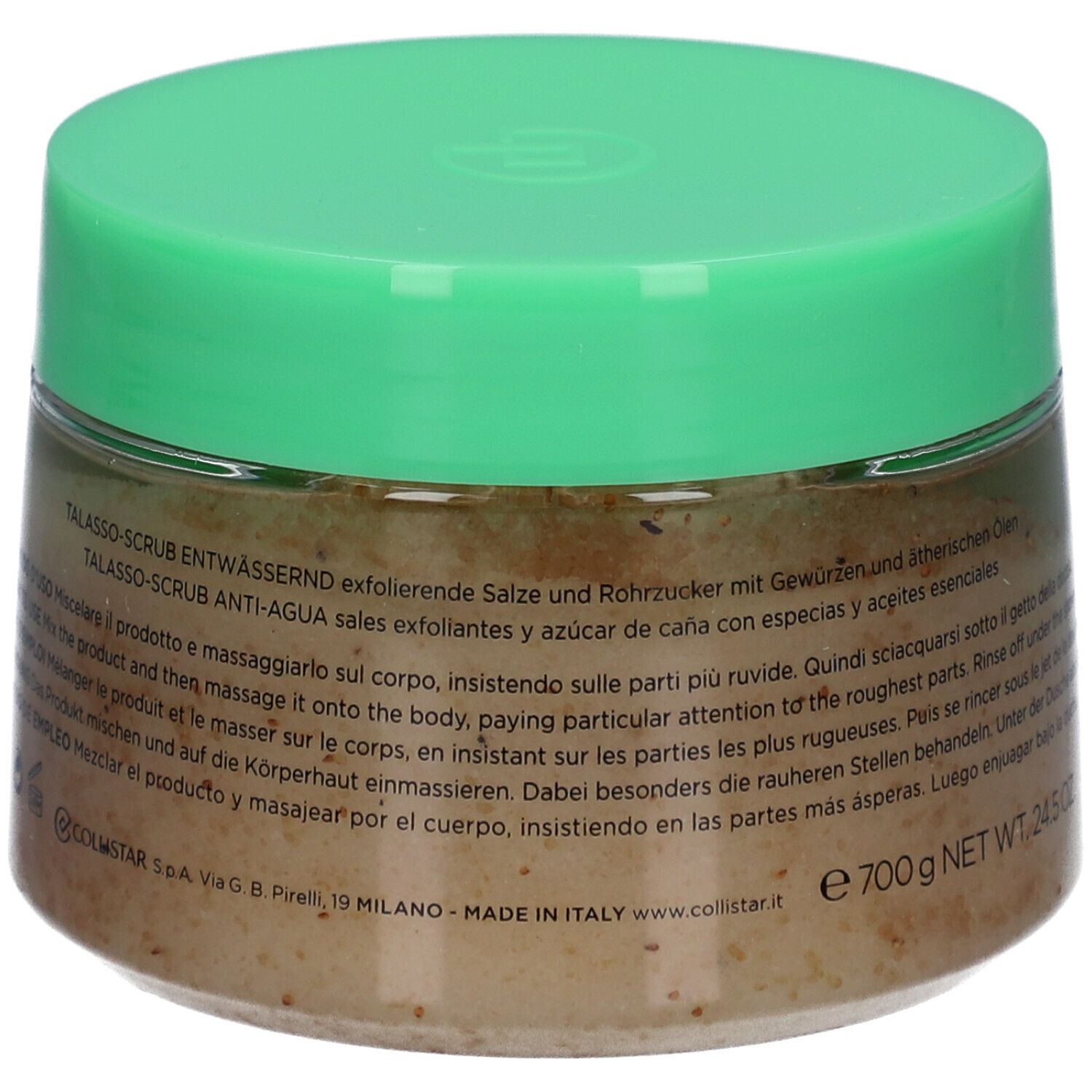 Pot met groene deksel. Meertalige tekst, waaronder instructies. Gewicht: 700 g NET WT. 24,5 OZ.