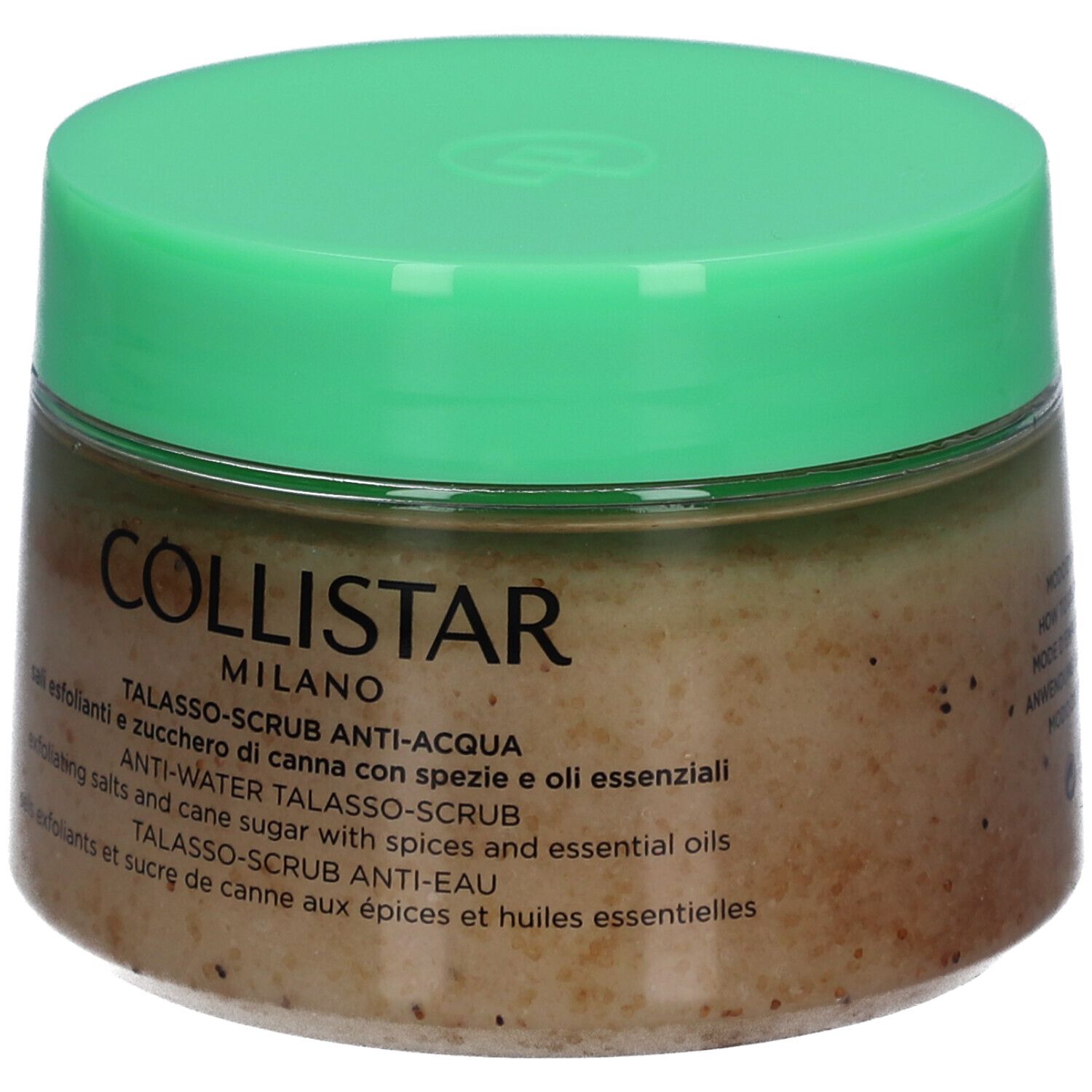 Pot met groene deksel. Opschrift: Collistar Milano, Anti-Water Talasso-Scrub. Tekst in meerdere talen.