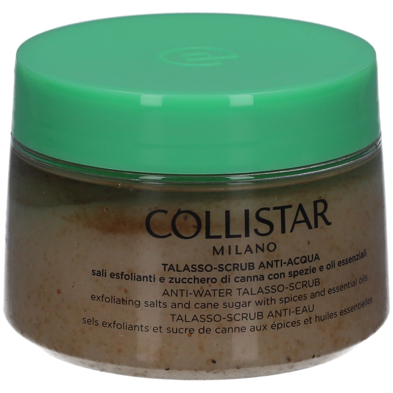 Pot met groene deksel. Opschrift: Collistar Milano, Anti-Water Talasso-Scrub. Tekst in meerdere talen.