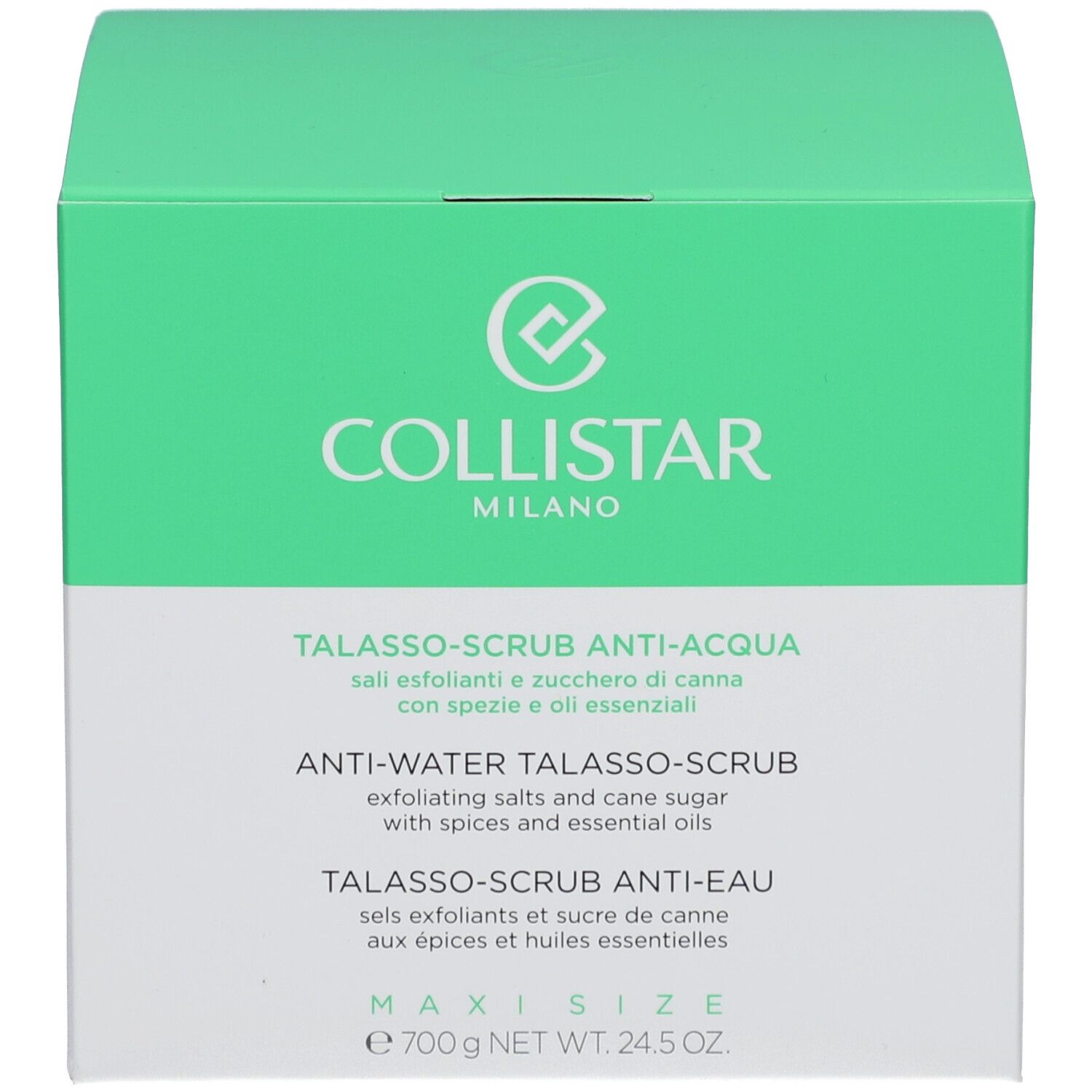 Verpakking. Opschrift: Collistar Milano, Anti-Water Talasso-Scrub. Tekst in meerdere talen. Gewicht: 700 g.