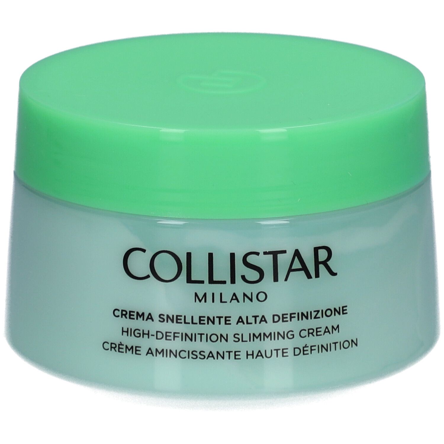 Pot vert clair avec couvercle. Inscription : COLLISTAR MILANO, Crème Amincissante Haute Définition.