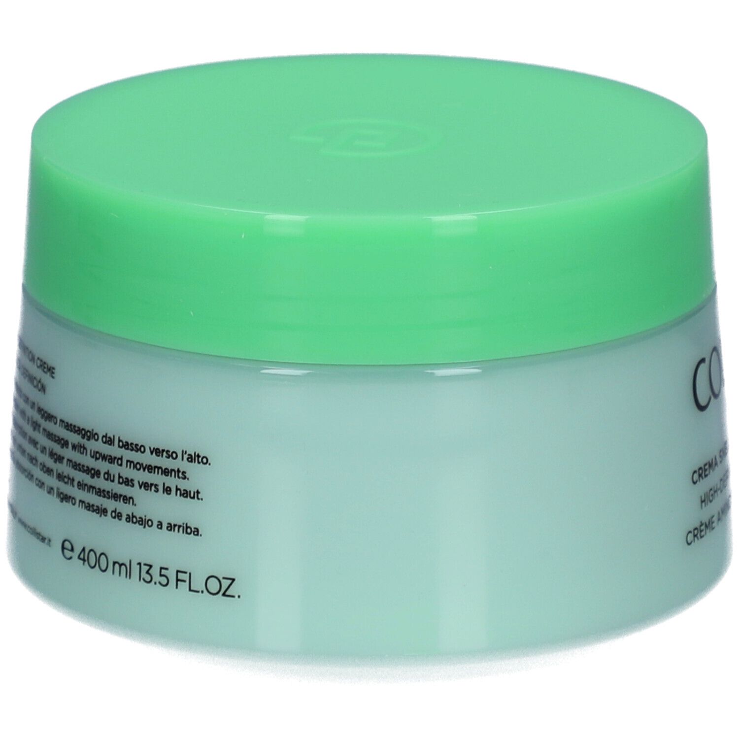 Pot vert clair avec couvercle. Texte multilingue sur le côté. Volume : 400 ml.