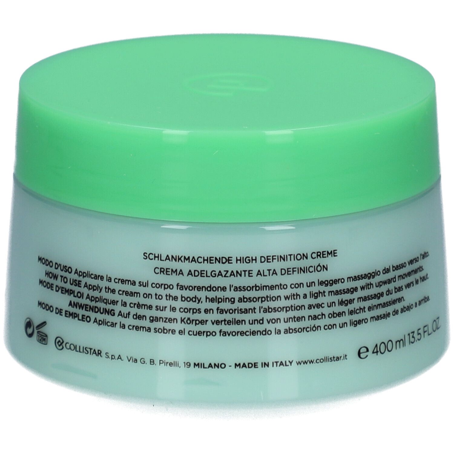 Pot vert clair avec couvercle. Texte multilingue sur le côté. Volume : 400 ml.