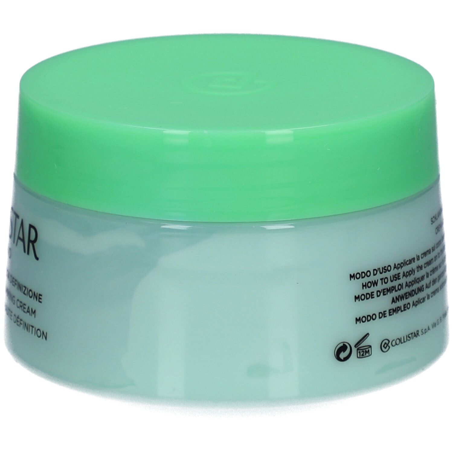 Pot vert clair avec couvercle. Texte multilingue sur le côté. Volume : 400 ml.