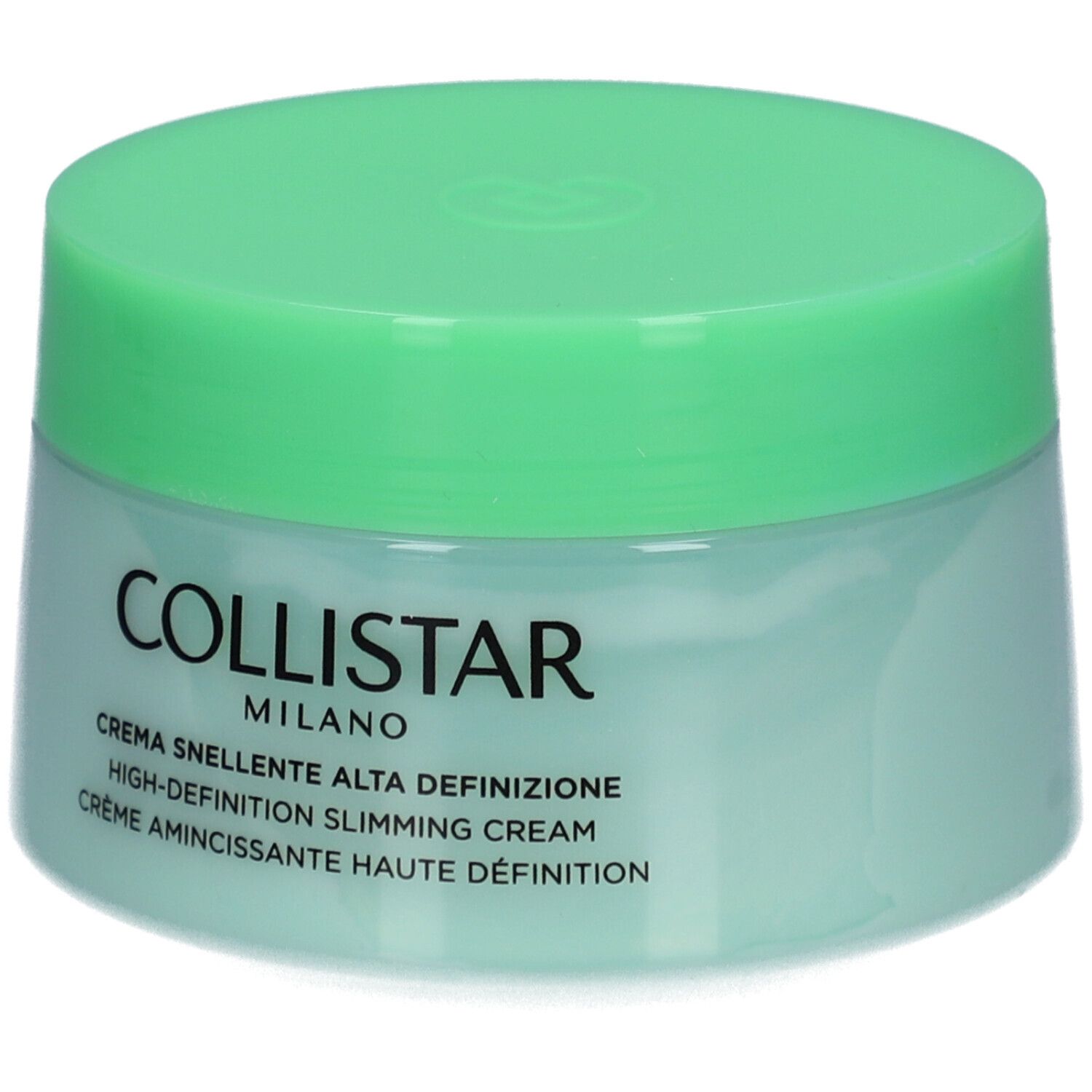 Pot vert clair avec couvercle. Inscription : COLLISTAR MILANO, Crème Amincissante Haute Définition.