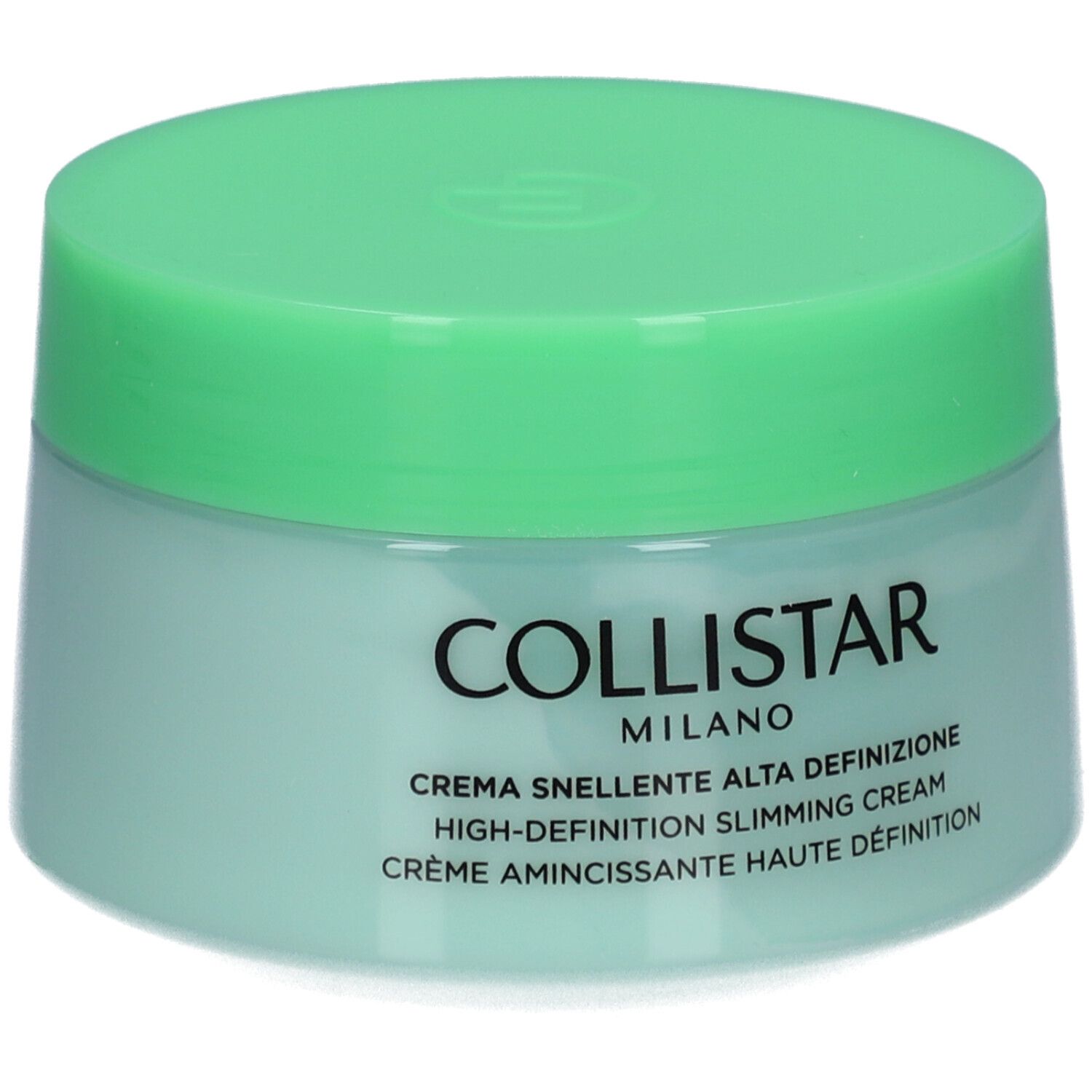 Pot vert clair avec couvercle. Inscription : COLLISTAR MILANO, Crème Amincissante Haute Définition.