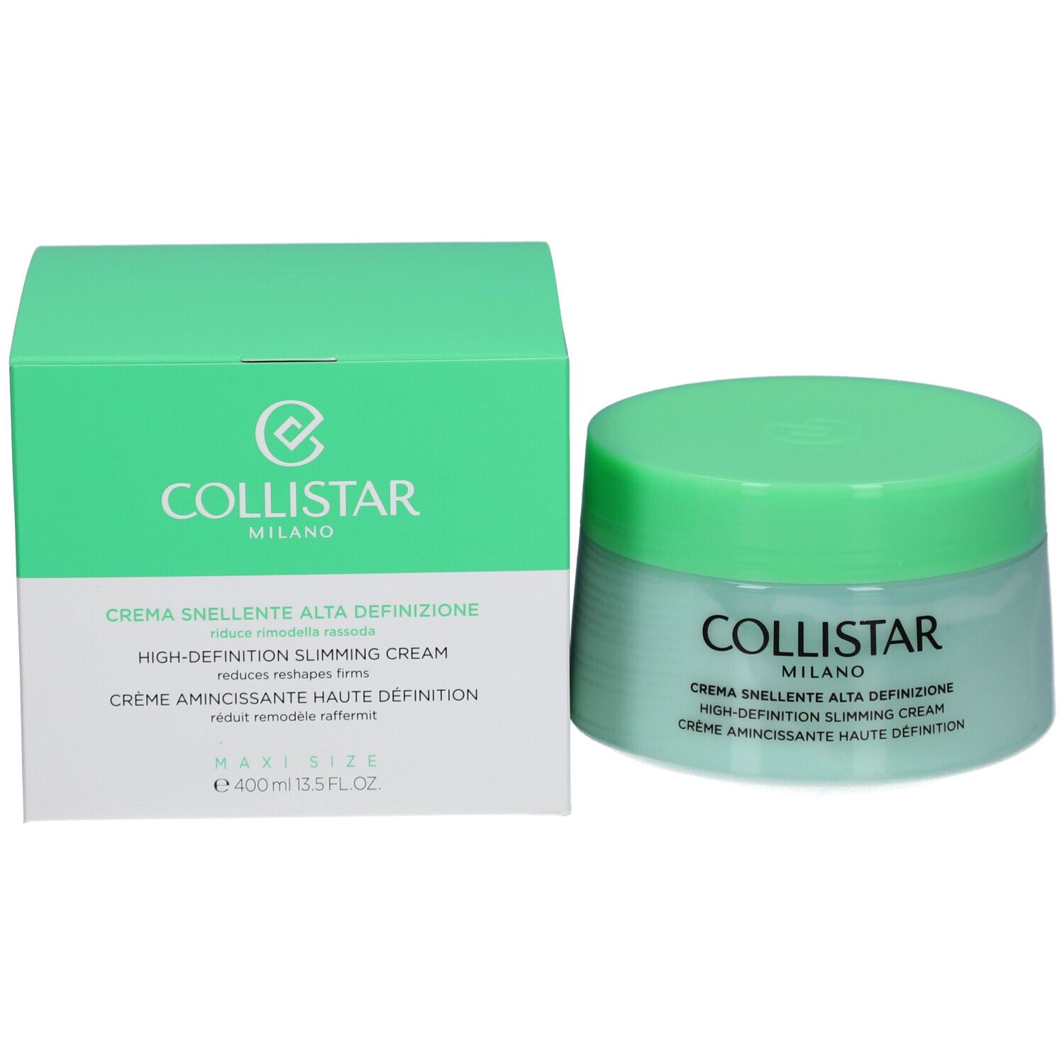 Emballage produit avec pot et boîte. Inscription : COLLISTAR, Crème Amincissante Haute Définition. Volume : 400 ml.