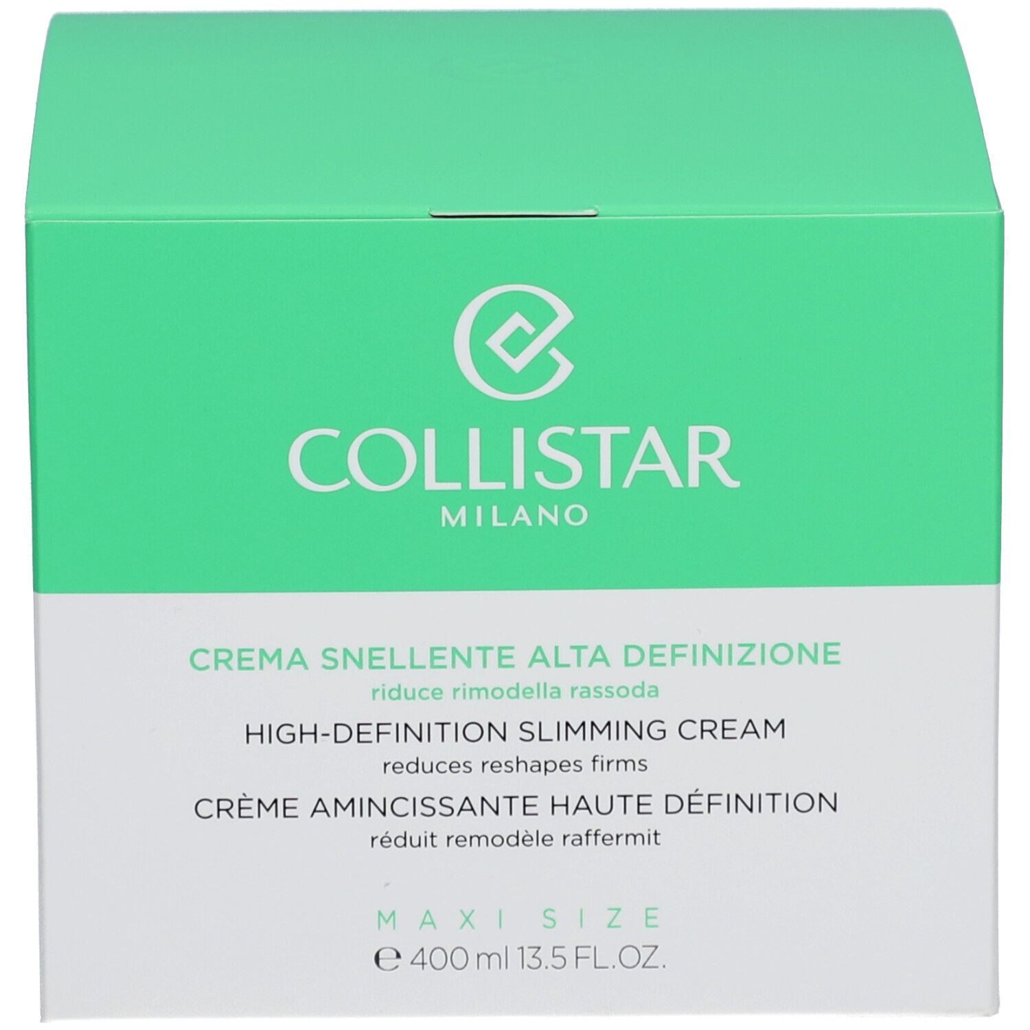 Emballage produit. Inscription : COLLISTAR, Crème Amincissante Haute Définition. Volume : 400 ml.