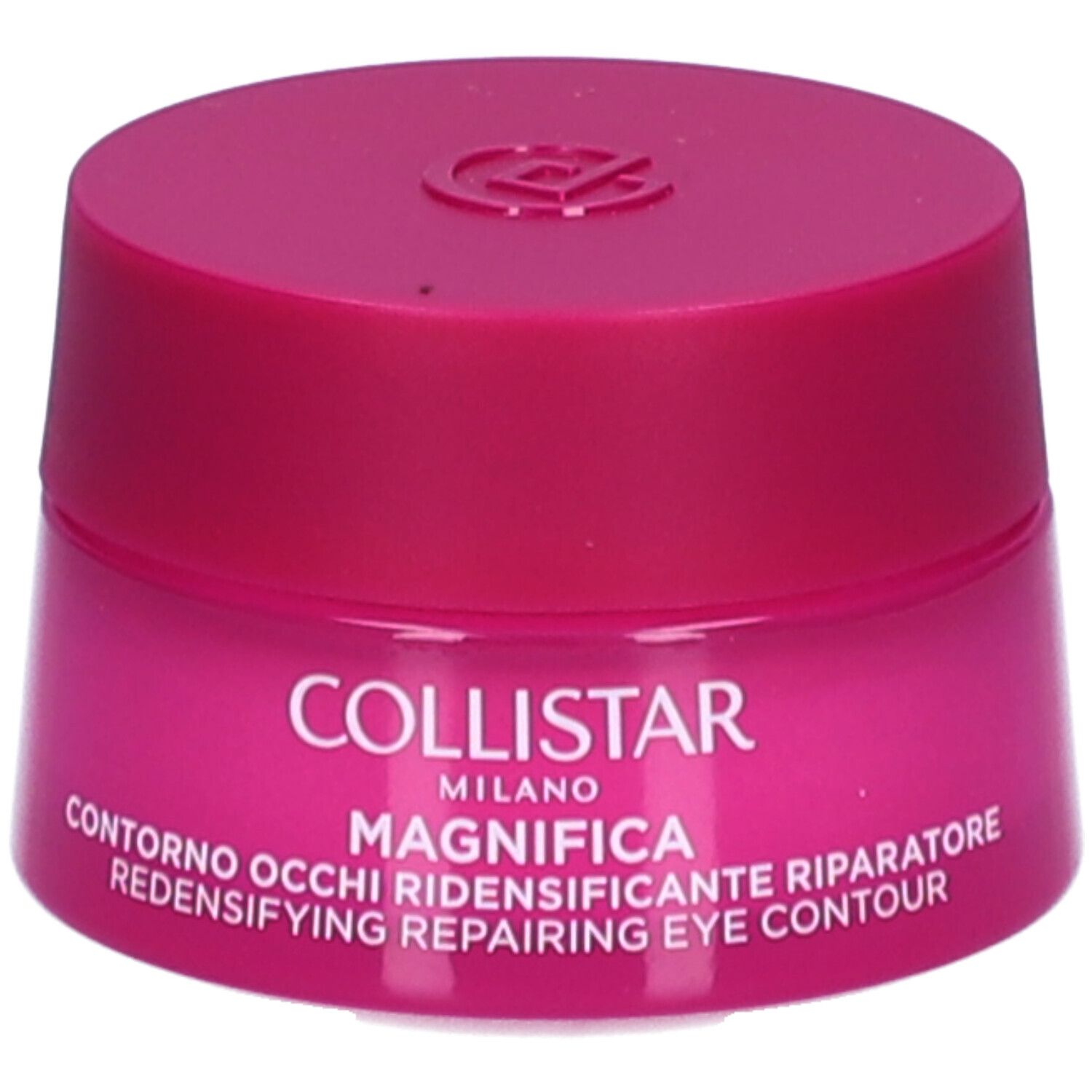 Roze pot met deksel. Opschrift: Collistar, Magnifica, Contorno Occhi, Redensifying Repairing Eye Contour.