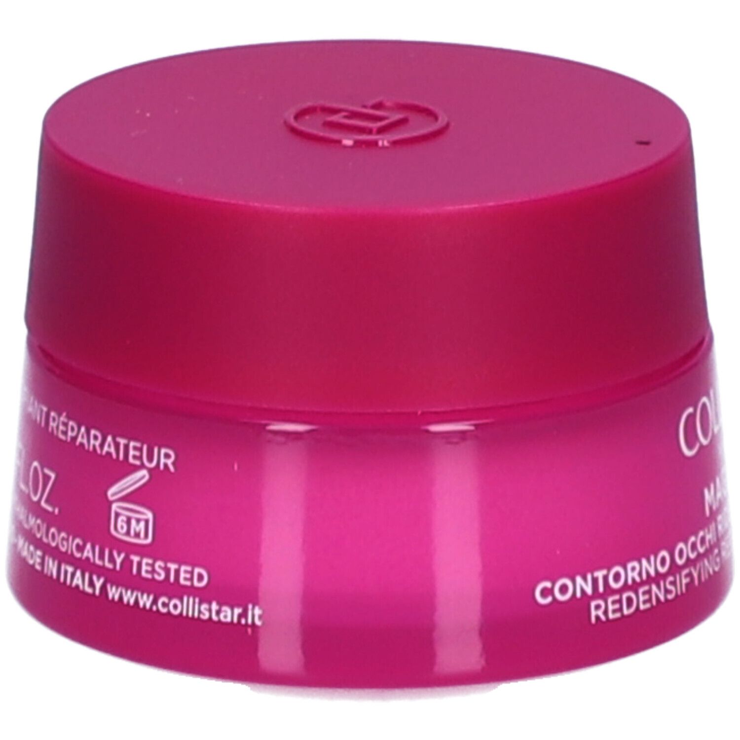 Roze pot met deksel. Opschrift: Contorno Occhi, Redensifying Repairing Eye Contour. 6M-symbool.