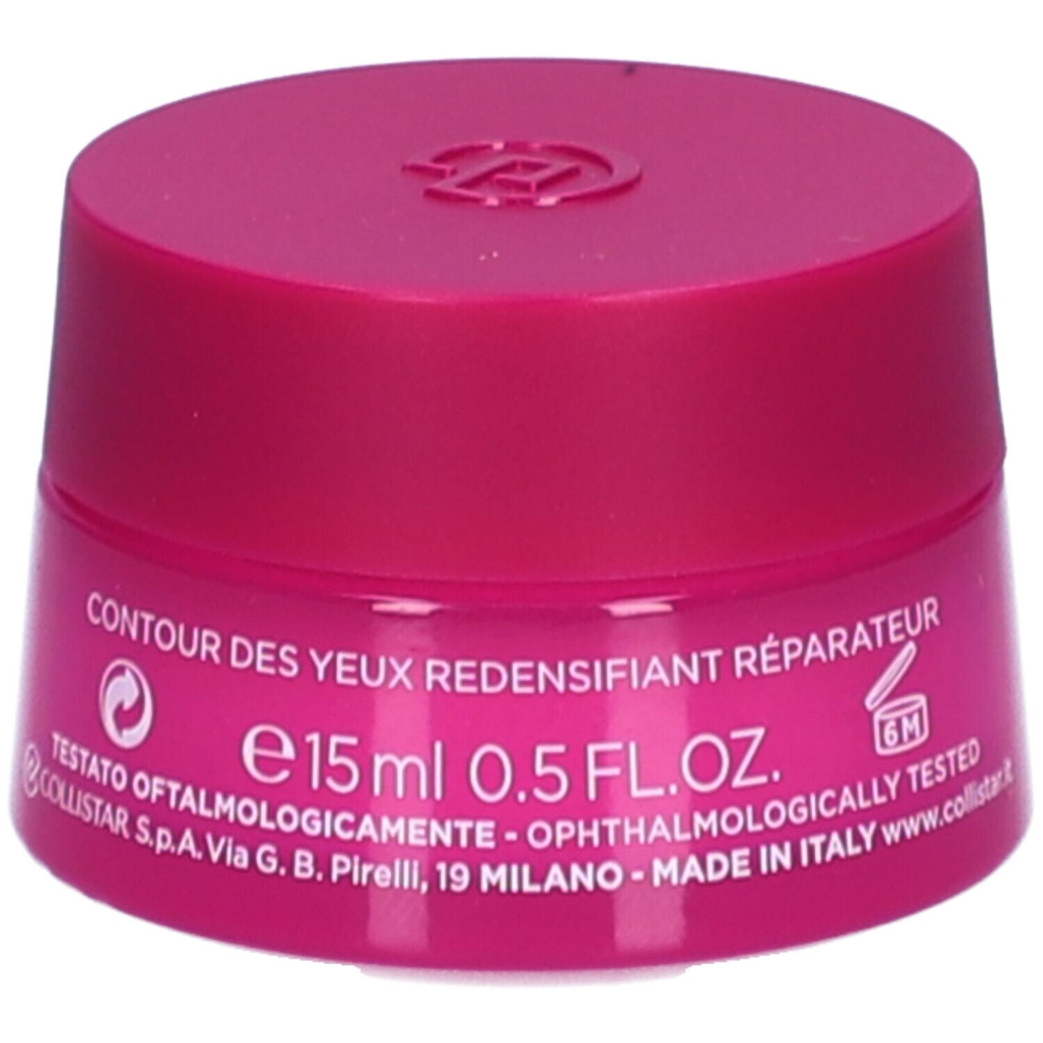 Roze pot met deksel. Opschrift: Contour des yeux redensifiant réparateur. 15 ml 0,5 FL.OZ. 6M-symbool.