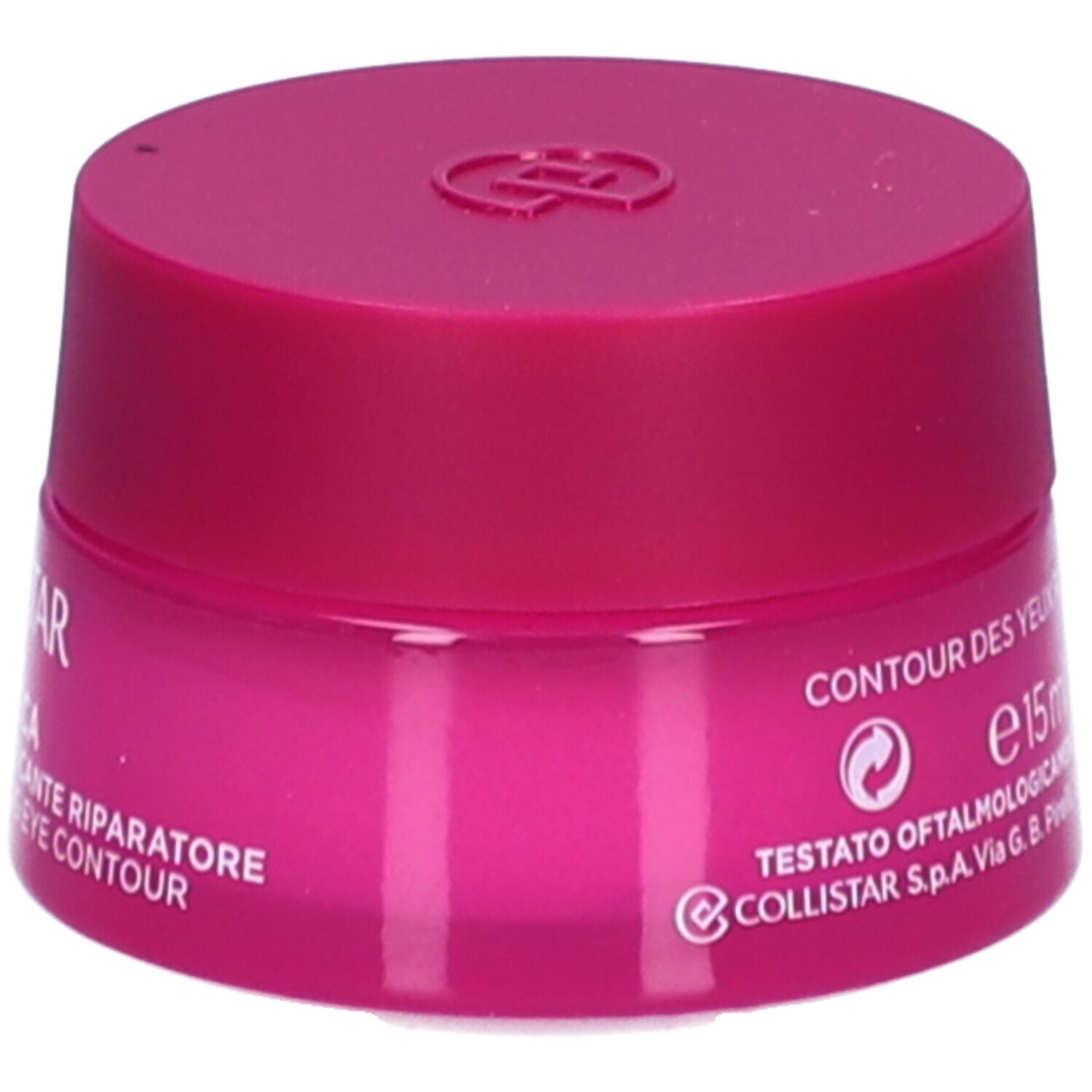 Roze pot met deksel. Opschrift: Contour des yeux. 15 ml. Testato Oftalmologicamente. Collistar.