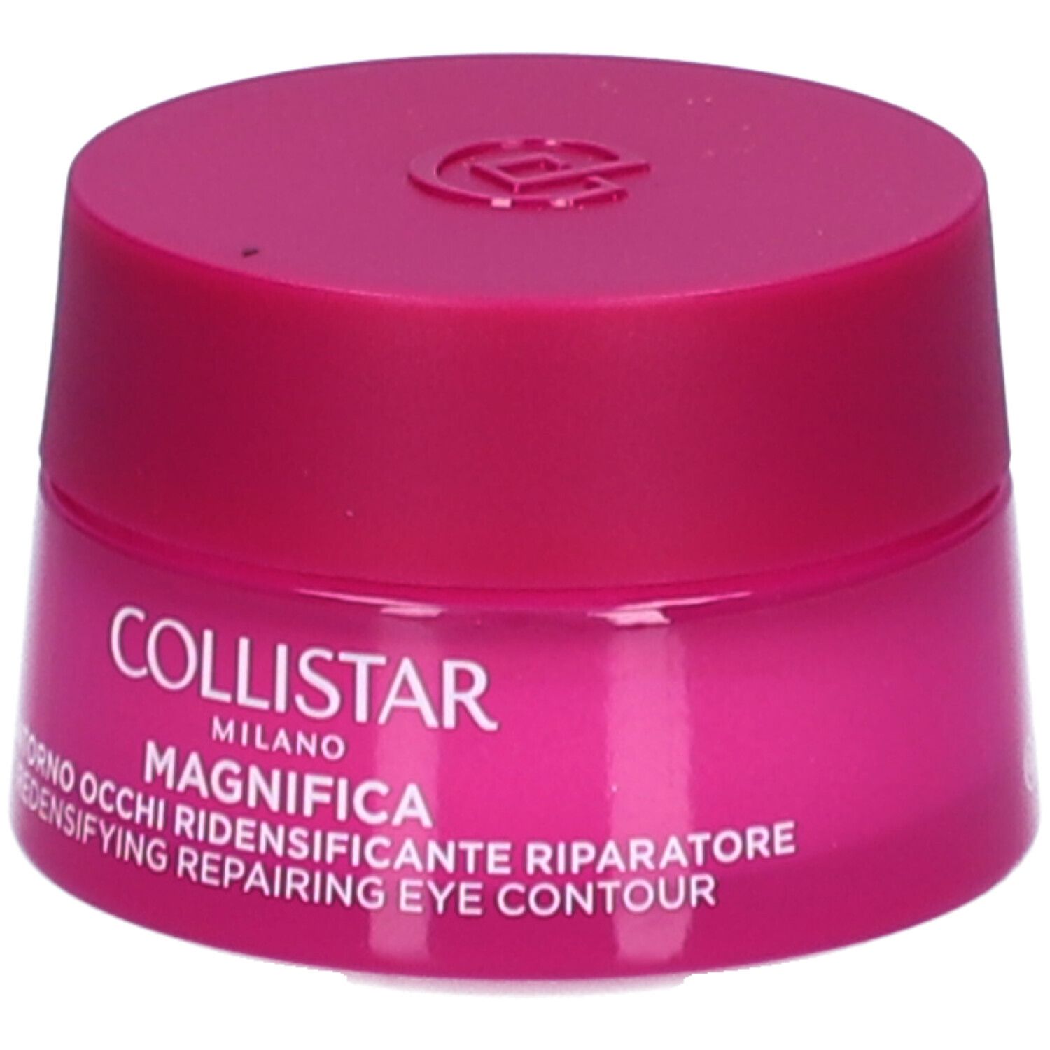 Roze pot met deksel. Opschrift: Collistar, Magnifica, Contorno Occhi, Redensifying Repairing Eye Contour.