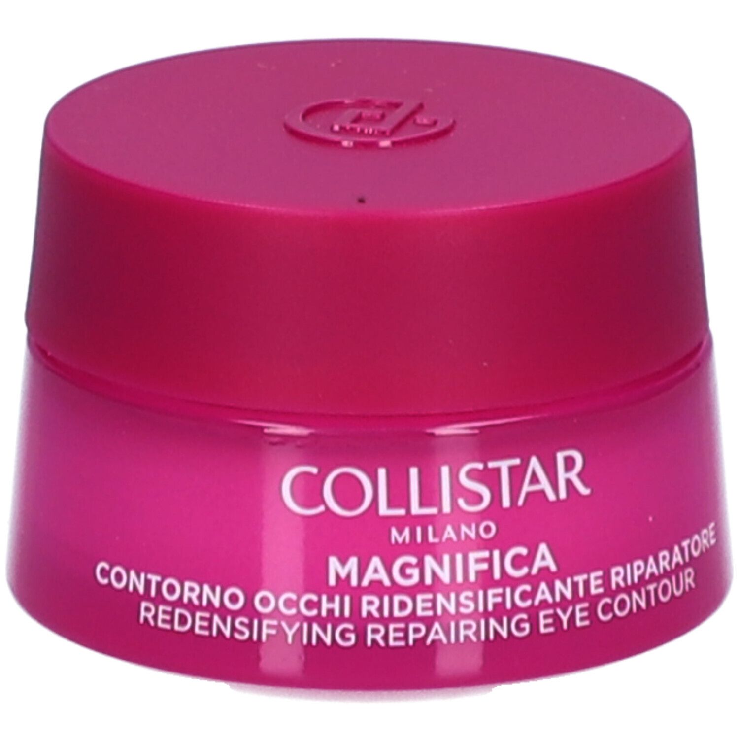 Roze pot met deksel. Opschrift: Collistar, Magnifica, Contorno Occhi, Redensifying Repairing Eye Contour.