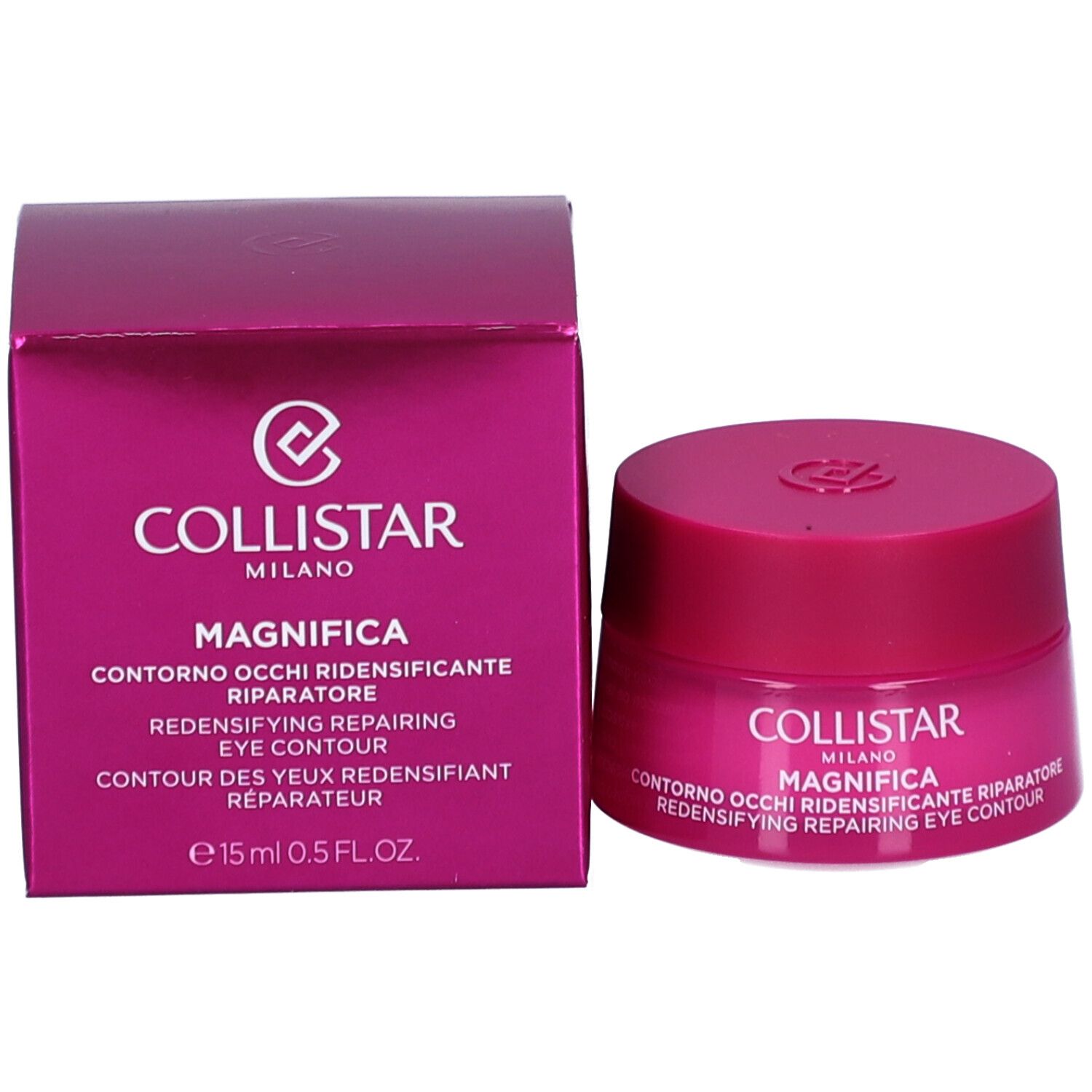 Roze doos en pot. Opschrift: Collistar, Magnifica, Contorno Occhi, Redensifying Repairing Eye Contour. 15 ml.
