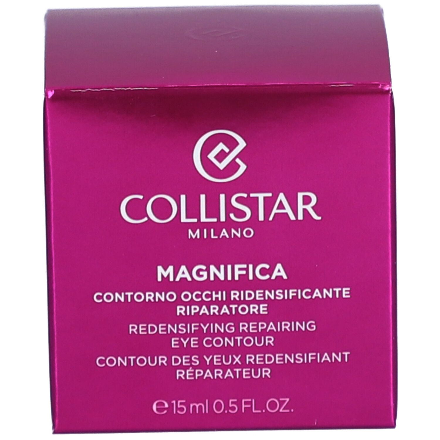 Roze doos. Opschrift: Collistar, Magnifica, Contorno Occhi, Redensifying Repairing Eye Contour. 15 ml.