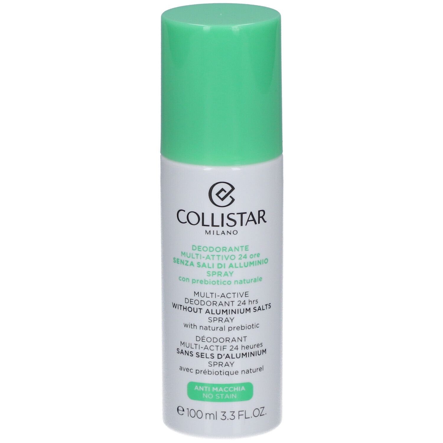 Deo-spray met groene dop. Opschrift: COLLISTAR MILANO, Deodorant Multi-Active 24 uur, zonder aluminiumzouten.