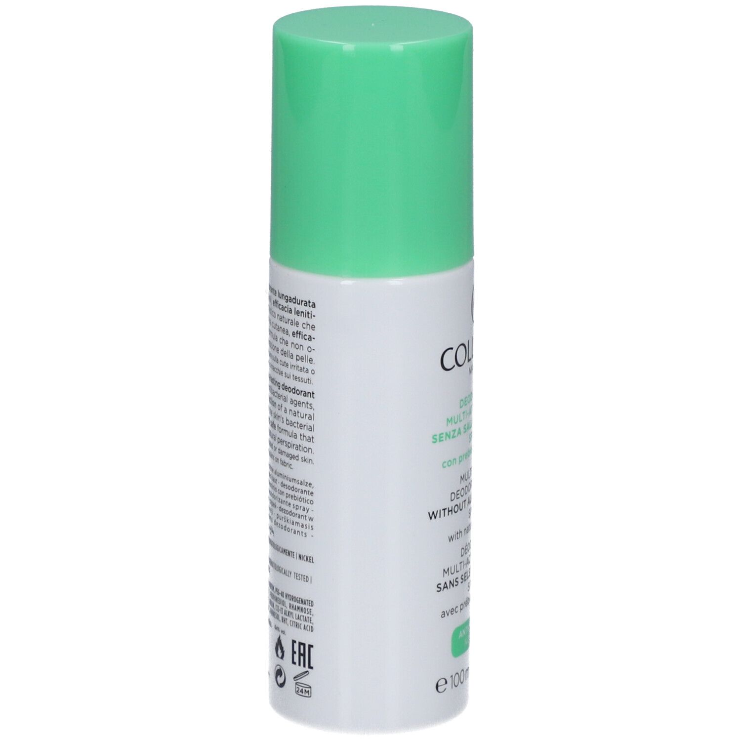 Deo-spray, achterkant met tekst. Groene dop. Opschrift: COLLISTAR, Deodorant Multi-Active 24 uur, zonder aluminiumzouten.