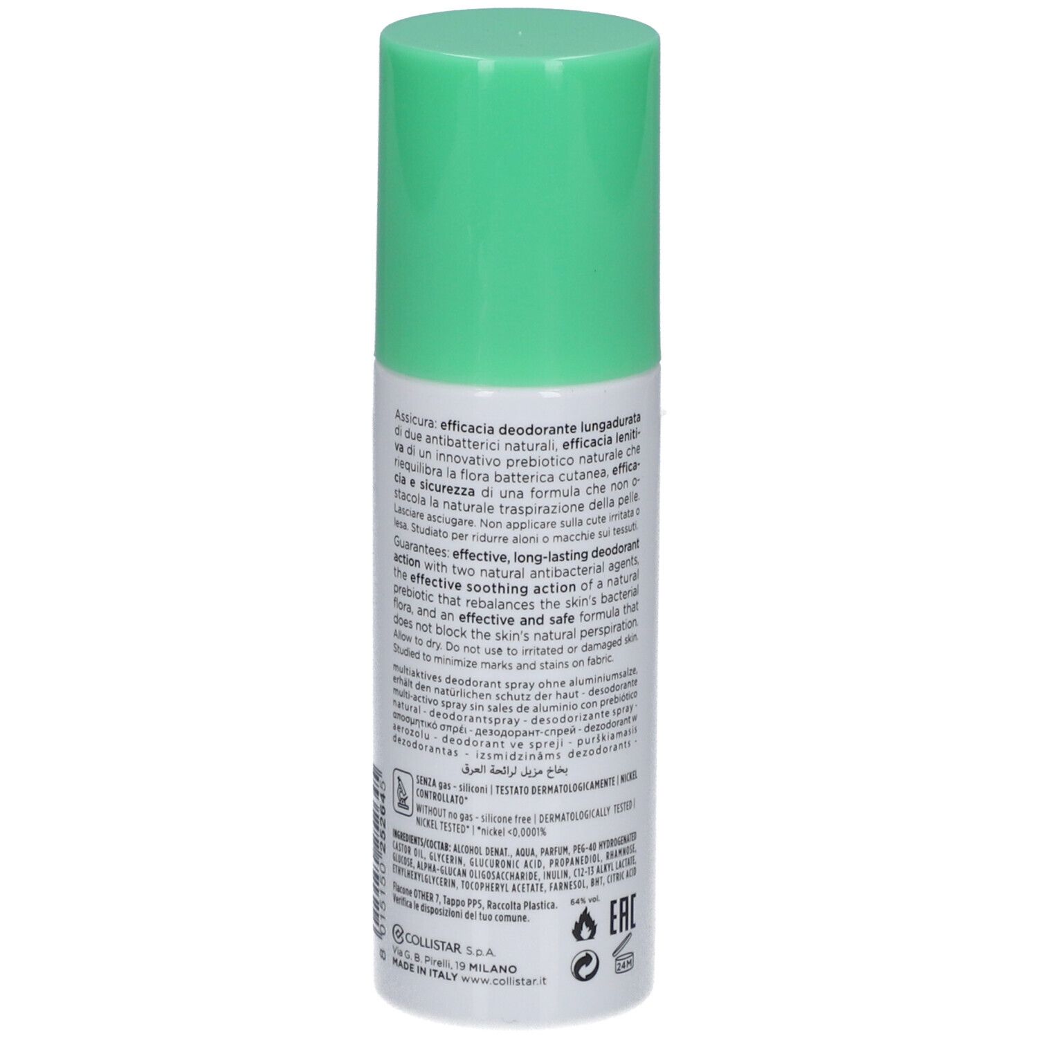 Deo-spray, achterkant met tekst. Groene dop. Opschrift: COLLISTAR, Deodorant Multi-Active 24 uur, zonder aluminiumzouten.
