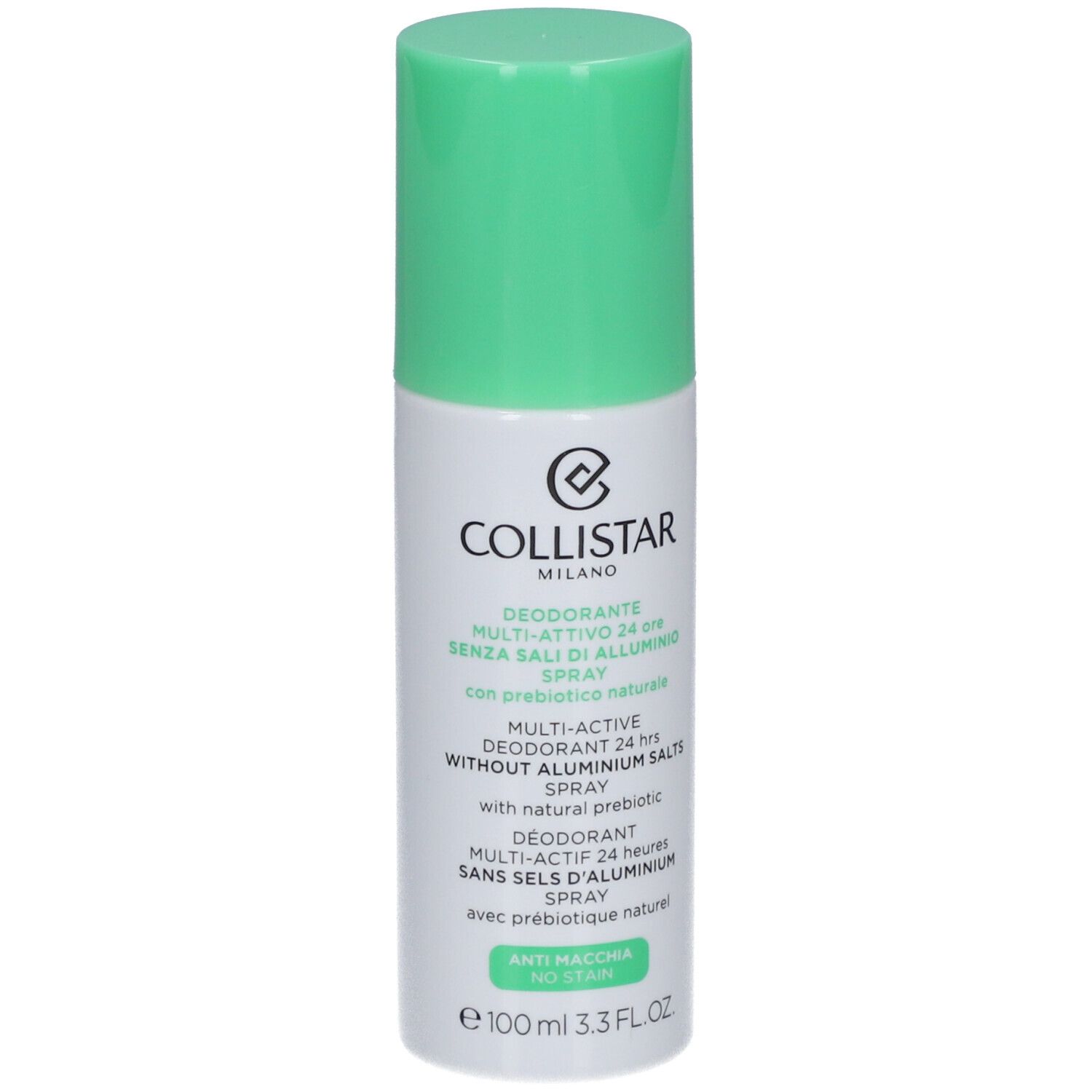 Deo-spray met groene dop. Opschrift: COLLISTAR MILANO, Deodorant Multi-Active 24 uur, zonder aluminiumzouten.