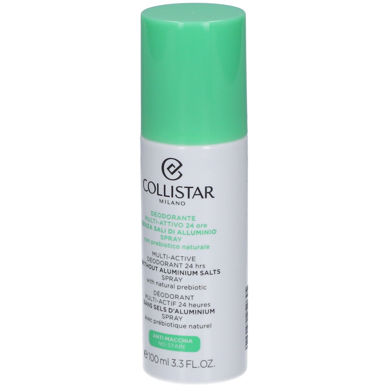 Deo-spray met groene dop. Opschrift: COLLISTAR MILANO, Deodorant Multi-Active 24 uur, zonder aluminiumzouten.