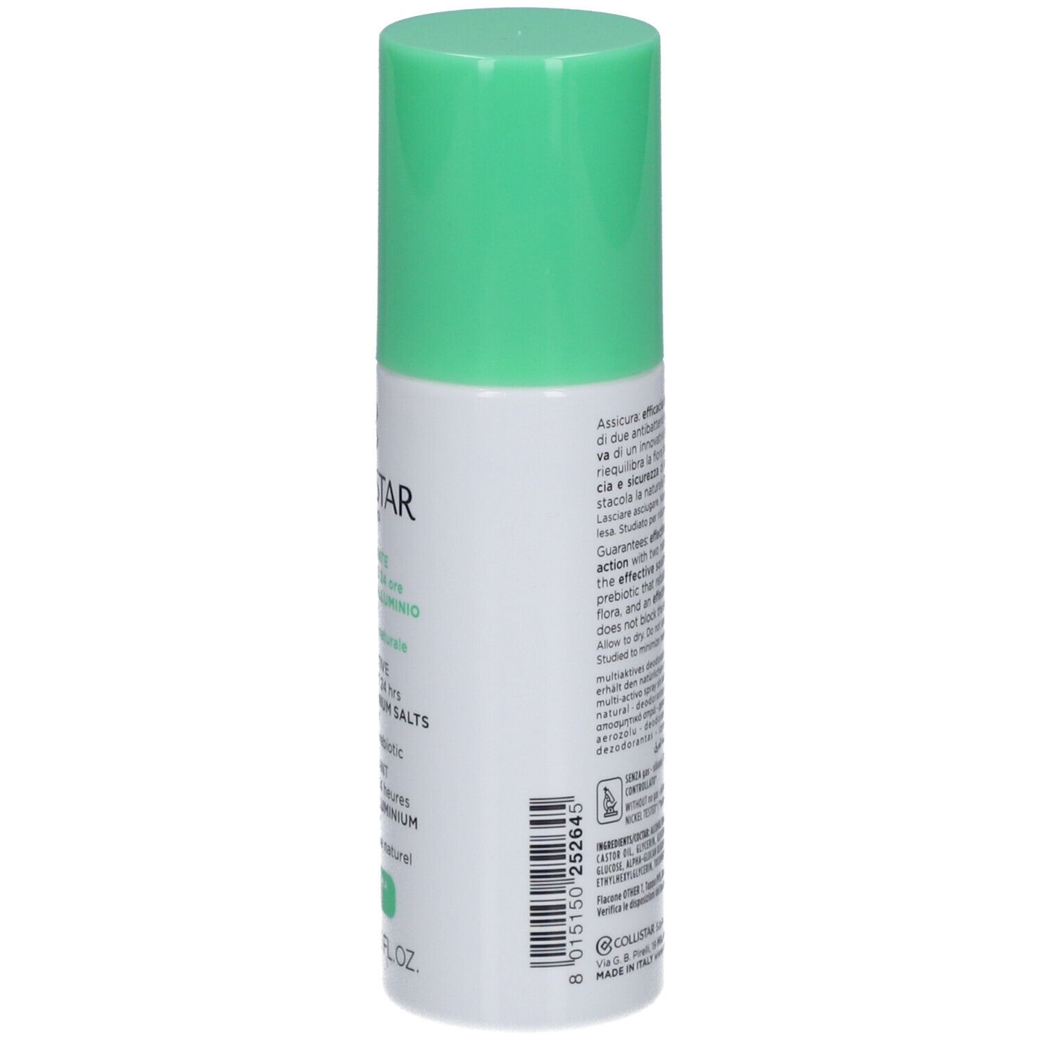 Deo-spray, achterkant met tekst. Groene dop. Opschrift: COLLISTAR, Deodorant Multi-Active 24 uur, zonder aluminiumzouten.