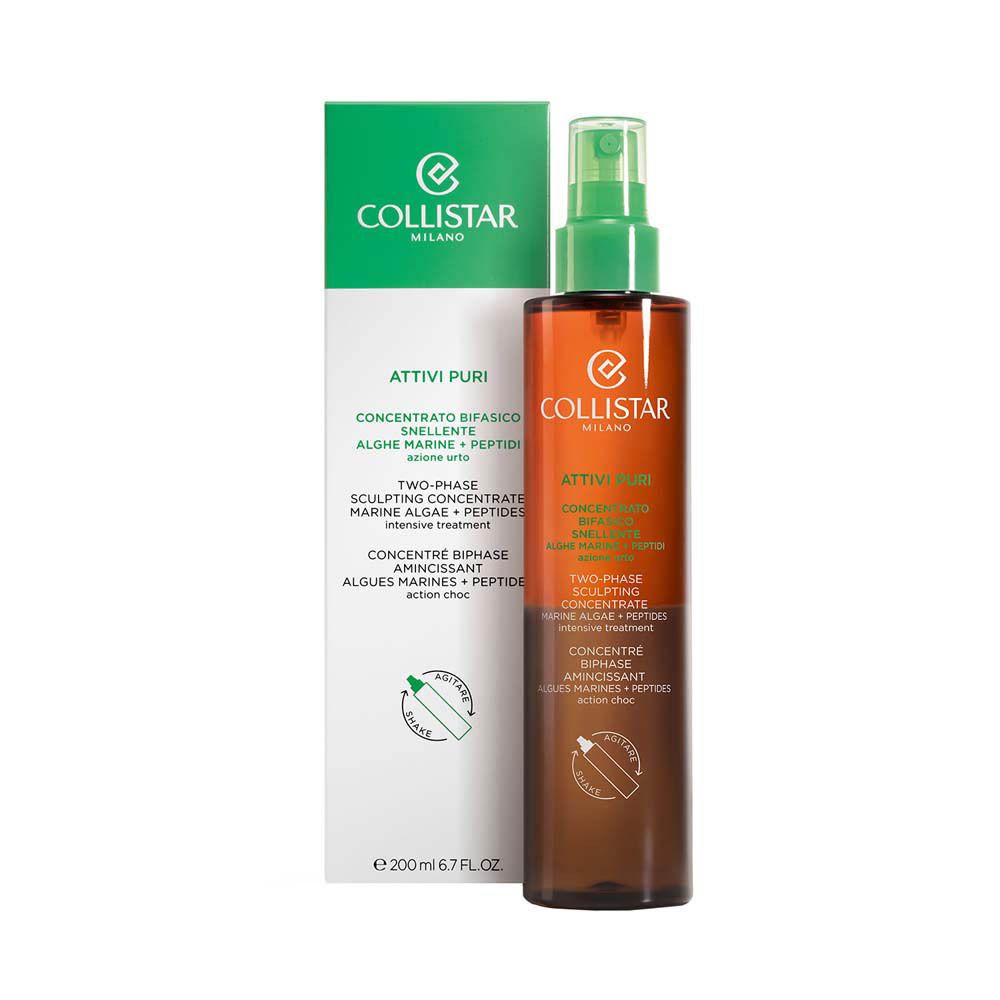 Collistar Attivi Puri, spuitfles en verpakking. Bruine fles, groene spuitkop, witte verpakking.