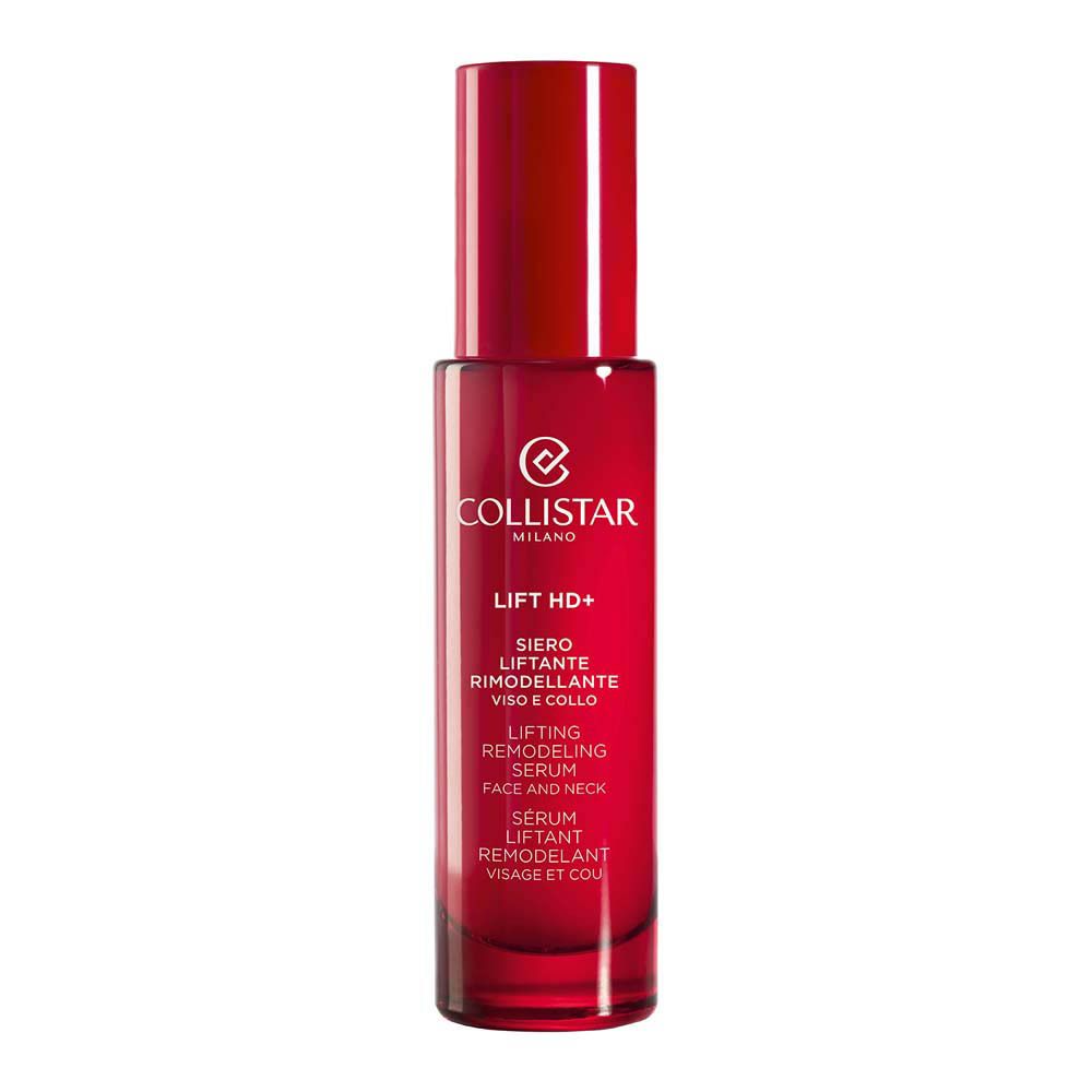 Rode fles met rode dop. Opschrift: Collistar, Lift HD+, serum voor gezicht en hals.