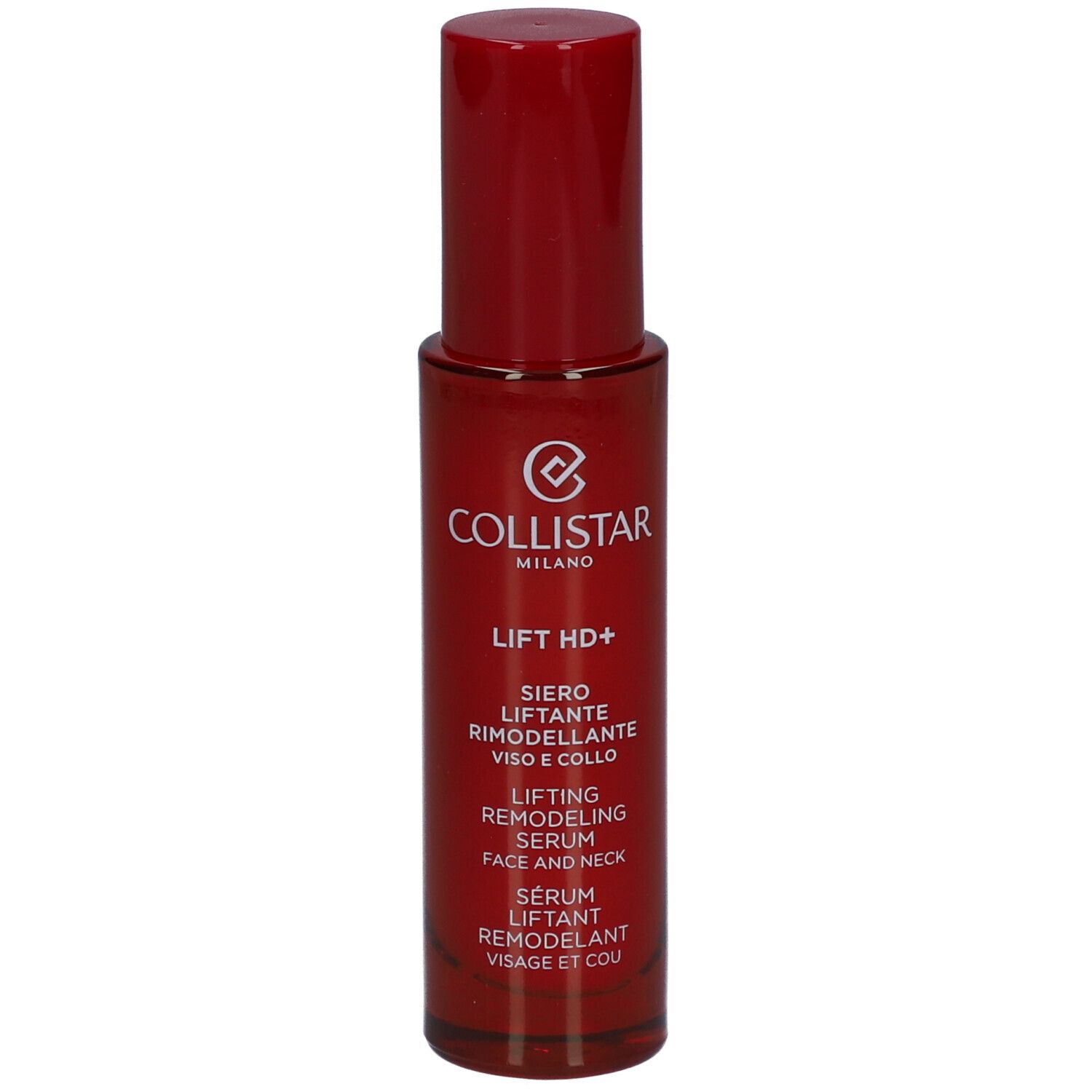 Rode fles met rode dop. Opschrift: Collistar, Lift HD+, serum voor gezicht en hals.