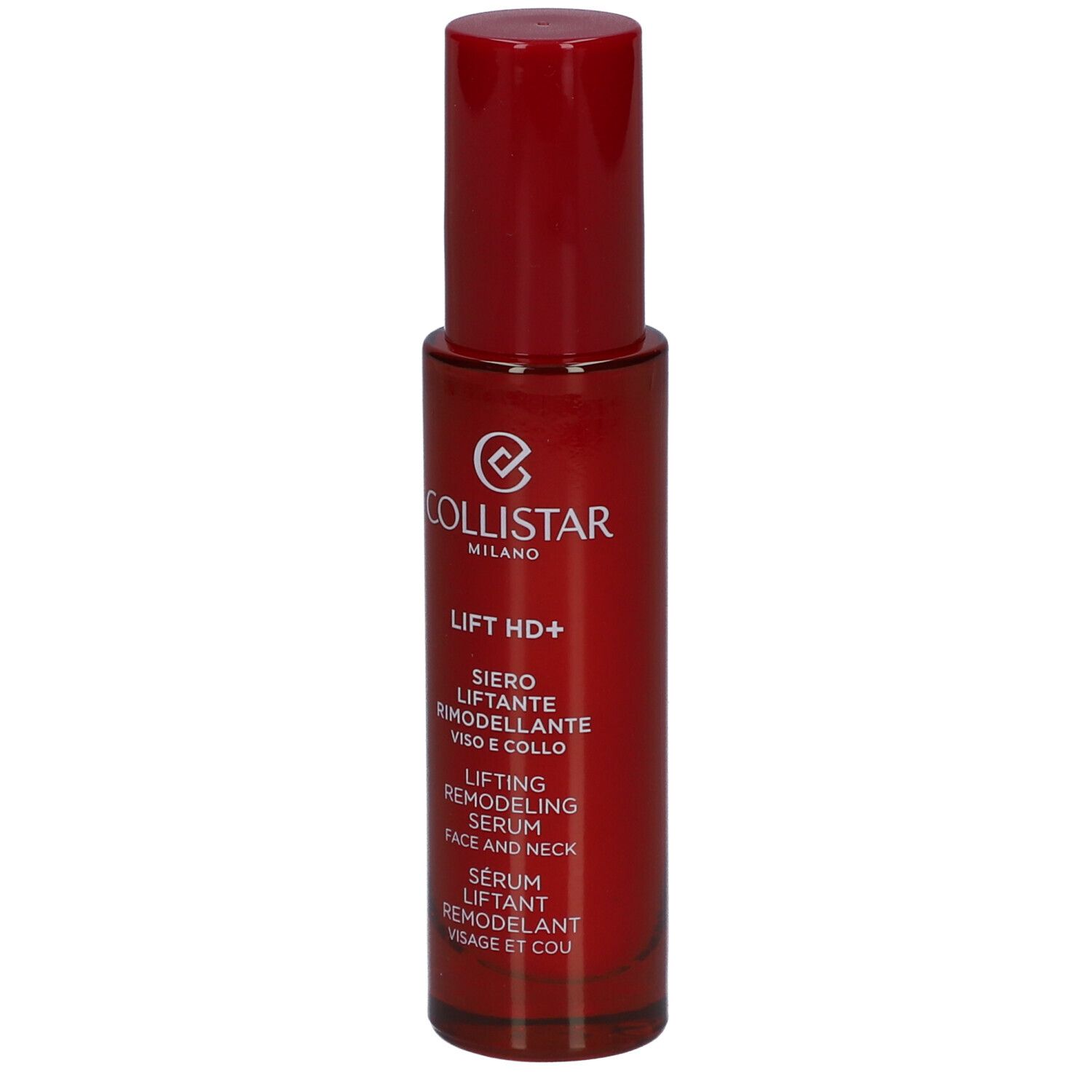 Rode fles met rode dop. Opschrift: Collistar, Lift HD+, serum voor gezicht en hals.