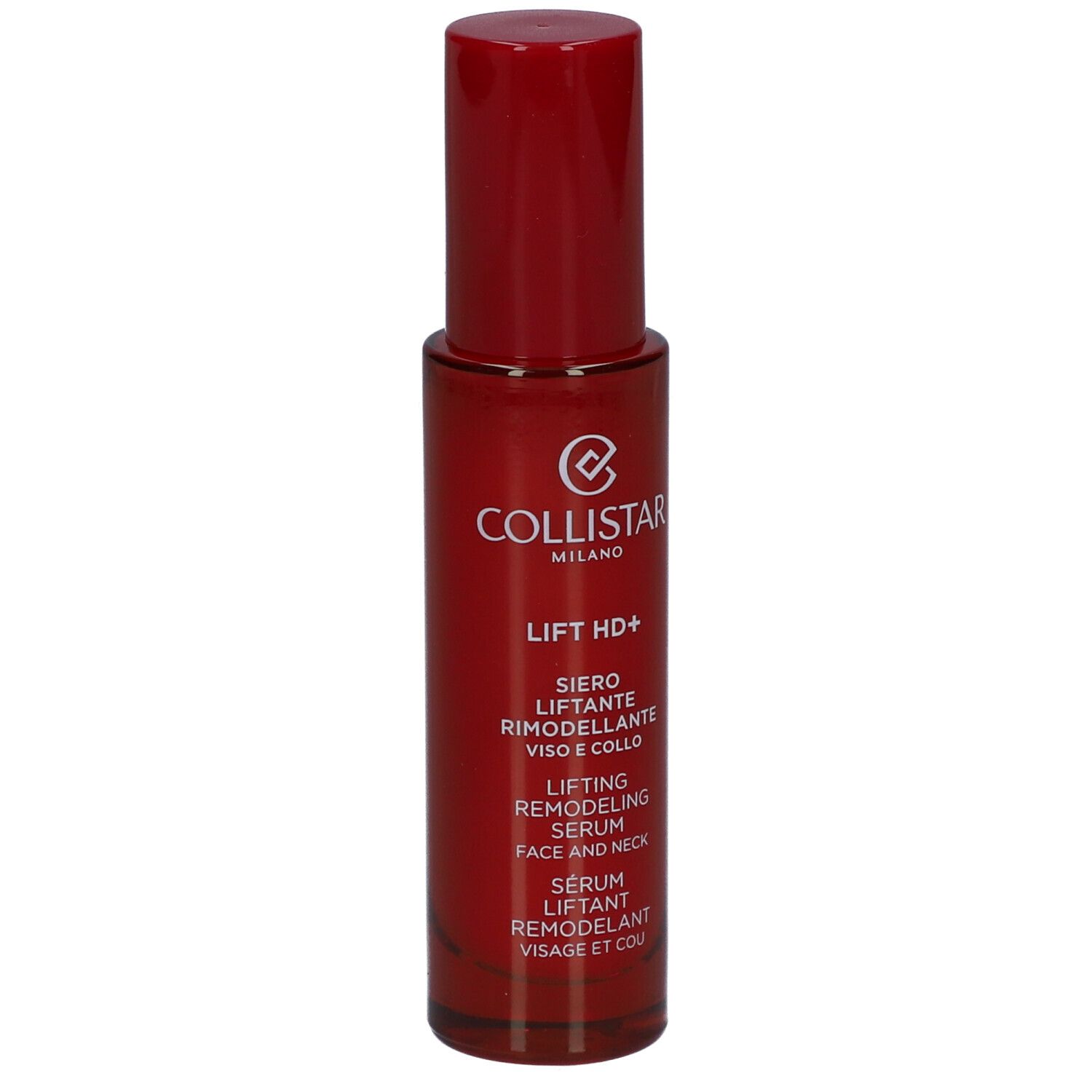Rode fles met rode dop. Opschrift: Collistar, Lift HD+, serum voor gezicht en hals.