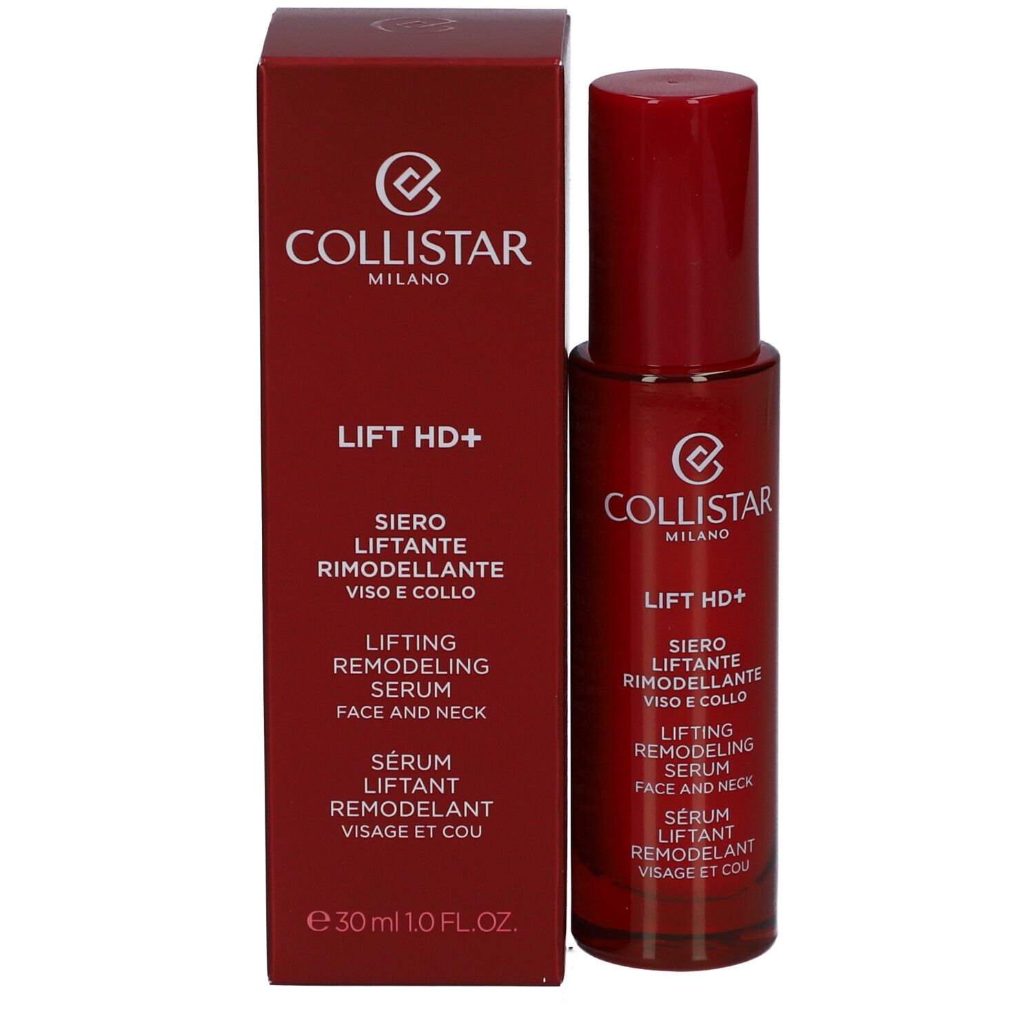 Rode fles en doos. Opschrift: Collistar, Lift HD+, serum voor gezicht en hals.