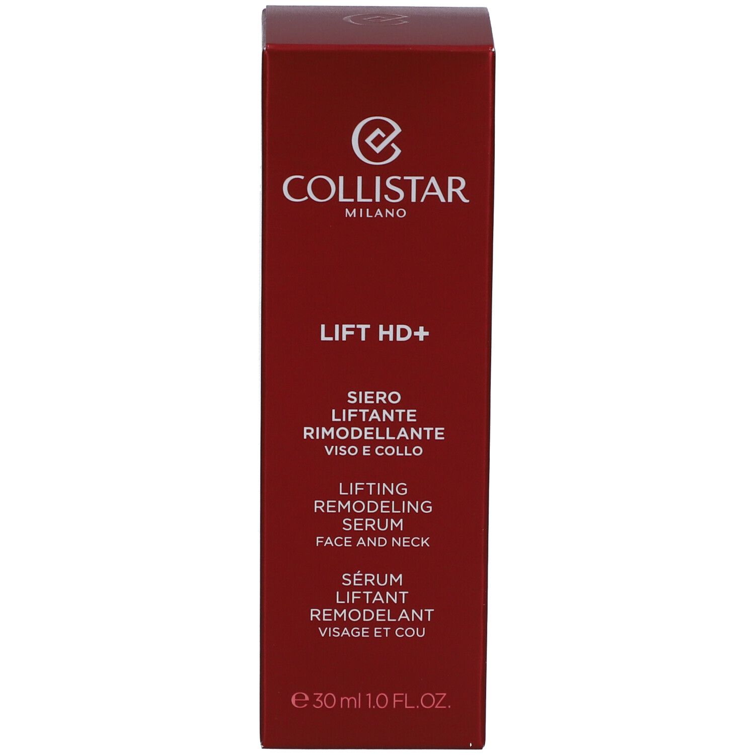 Rode doos. Opschrift: Collistar, Lift HD+, serum voor gezicht en hals.