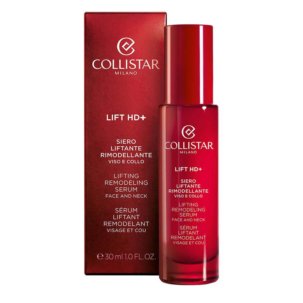 Rode fles en doos. Opschrift: Collistar, Lift HD+, serum voor gezicht en hals.