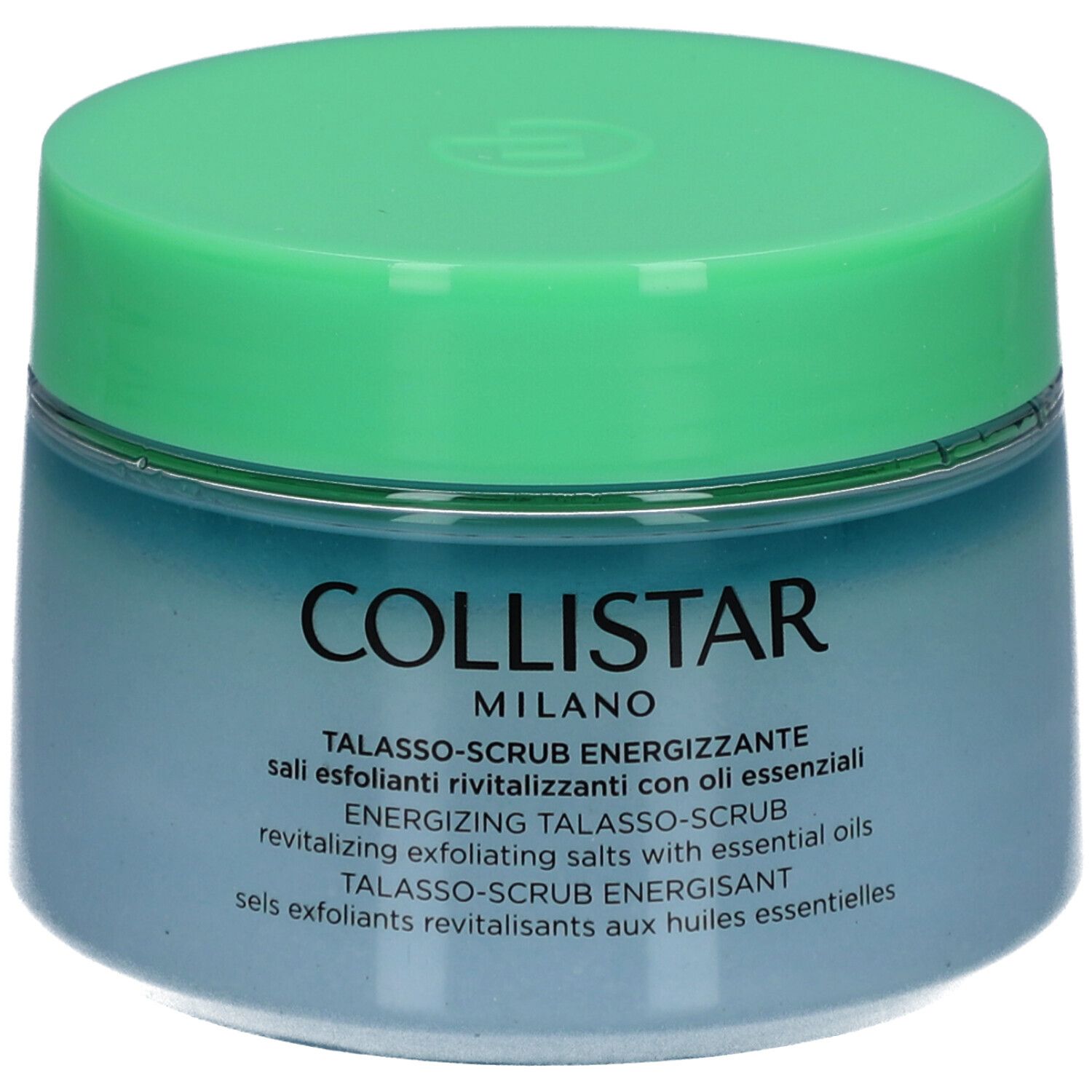 Blauwgroene pot met groen deksel. Opschrift: COLLISTAR MILANO. Productnaam en beschrijving.