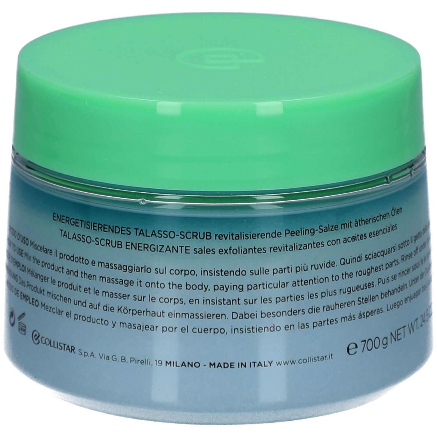 Blauwgroene pot met groen deksel. Tekst op etiket. Adres: COLLISTAR S.p.A. Via G.B. Pirelli, 19 MILANO - MADE IN ITALY.