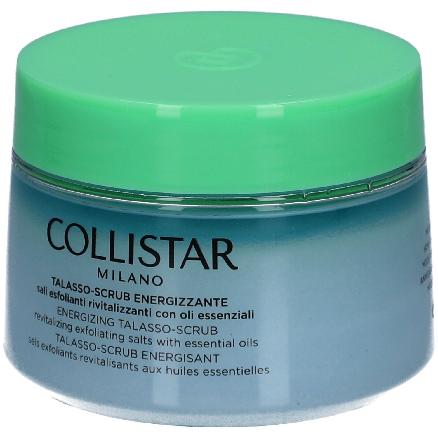 Blauwgroene pot met groen deksel. Opschrift: COLLISTAR MILANO. Productnaam en beschrijving.