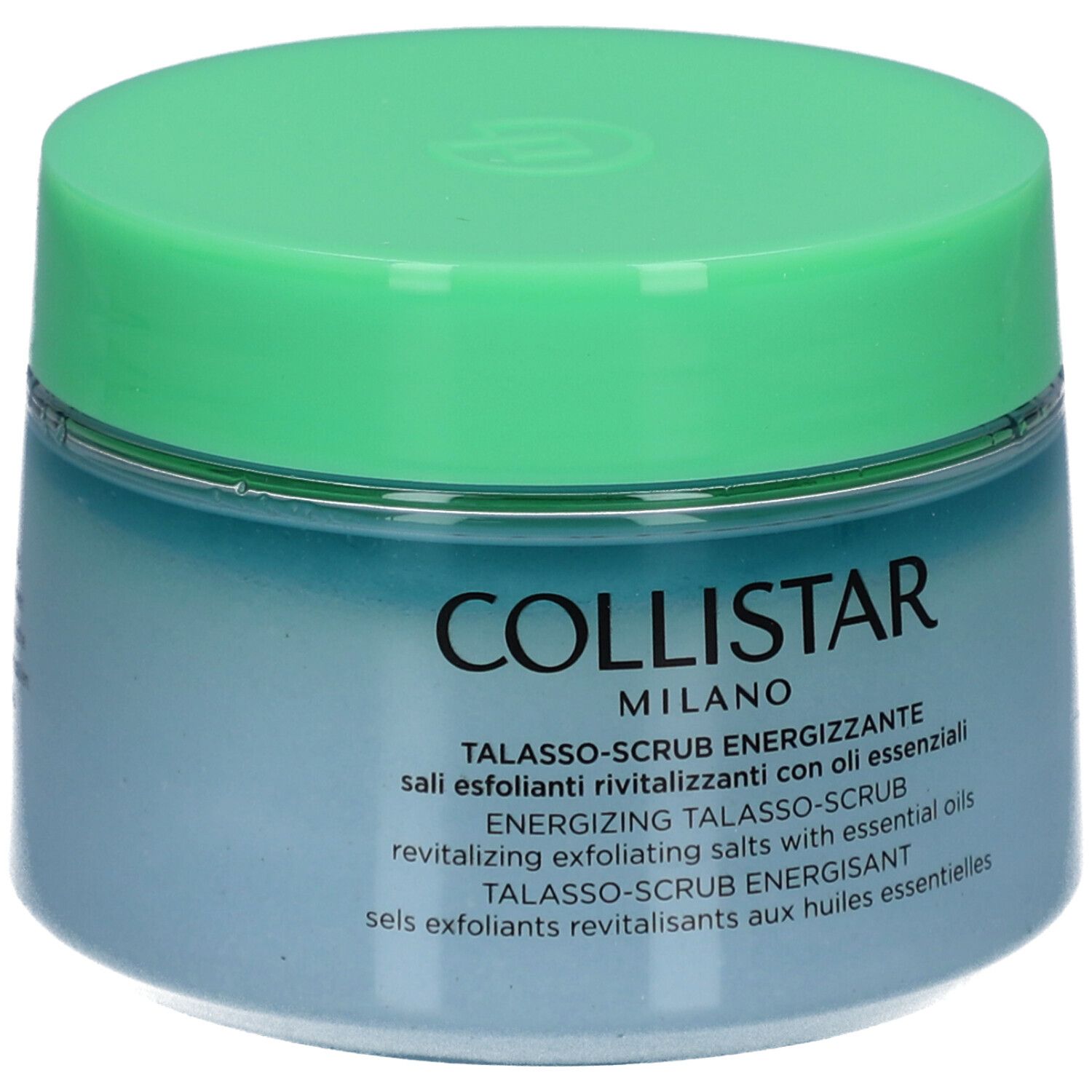 Blauwgroene pot met groen deksel. Opschrift: COLLISTAR MILANO. Productnaam en beschrijving.